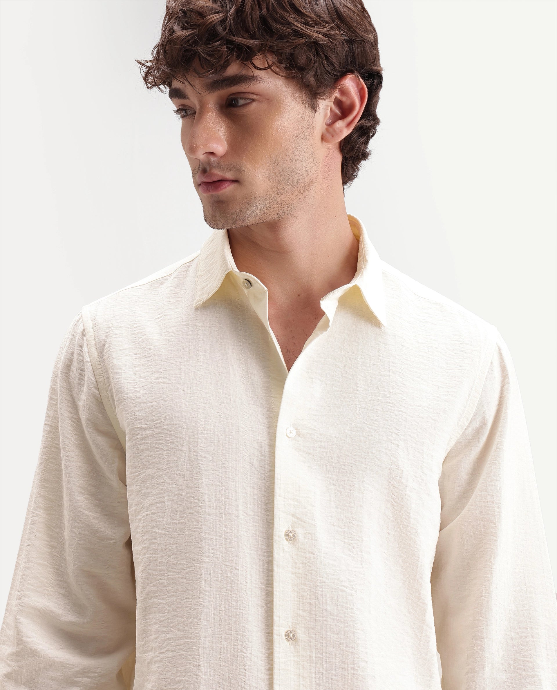 Rare Rabbit Men's Slink Light Yellow Viscose Blend Fabric Spread Collar Regular Striped Shirt