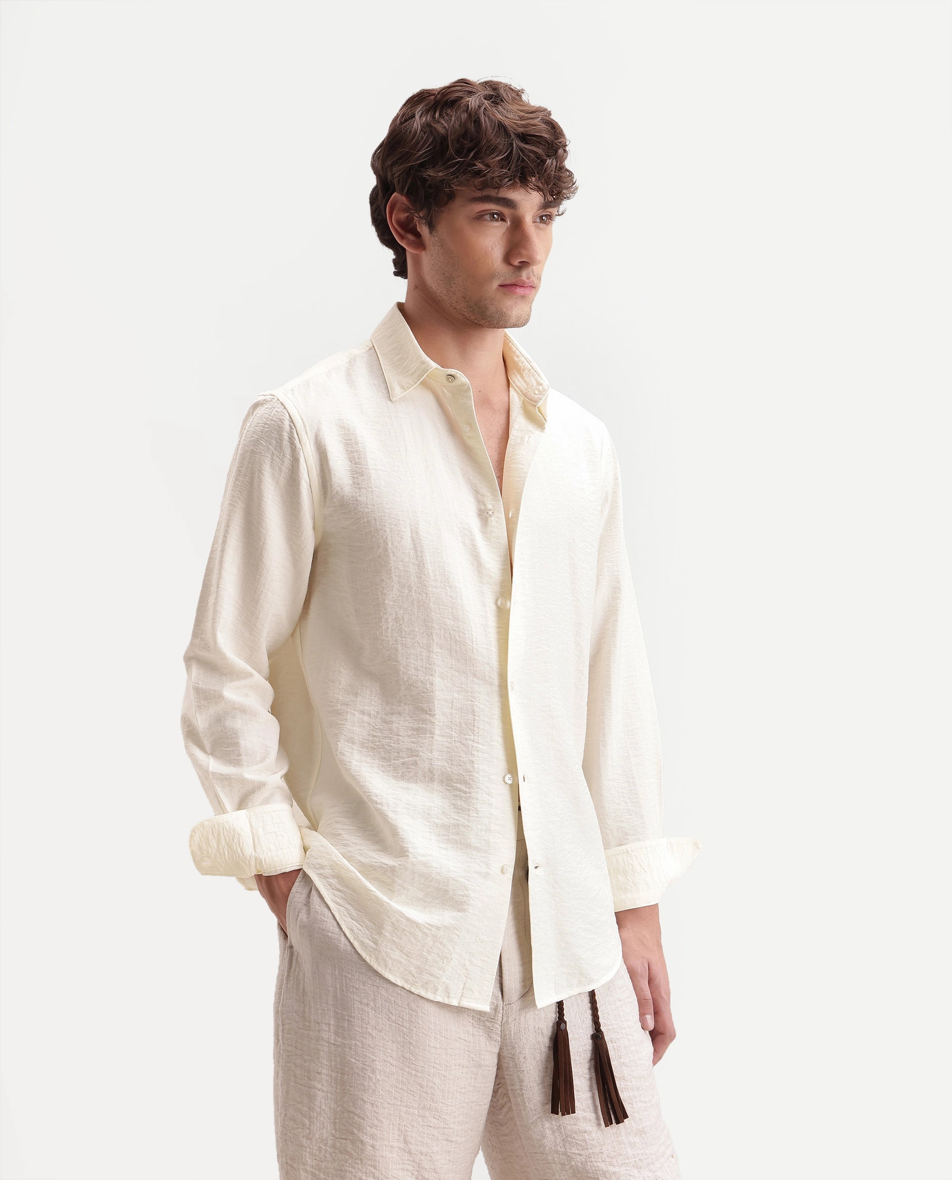 Rare Rabbit Men's Slink Light Yellow Viscose Blend Fabric Spread Collar Regular Striped Shirt
