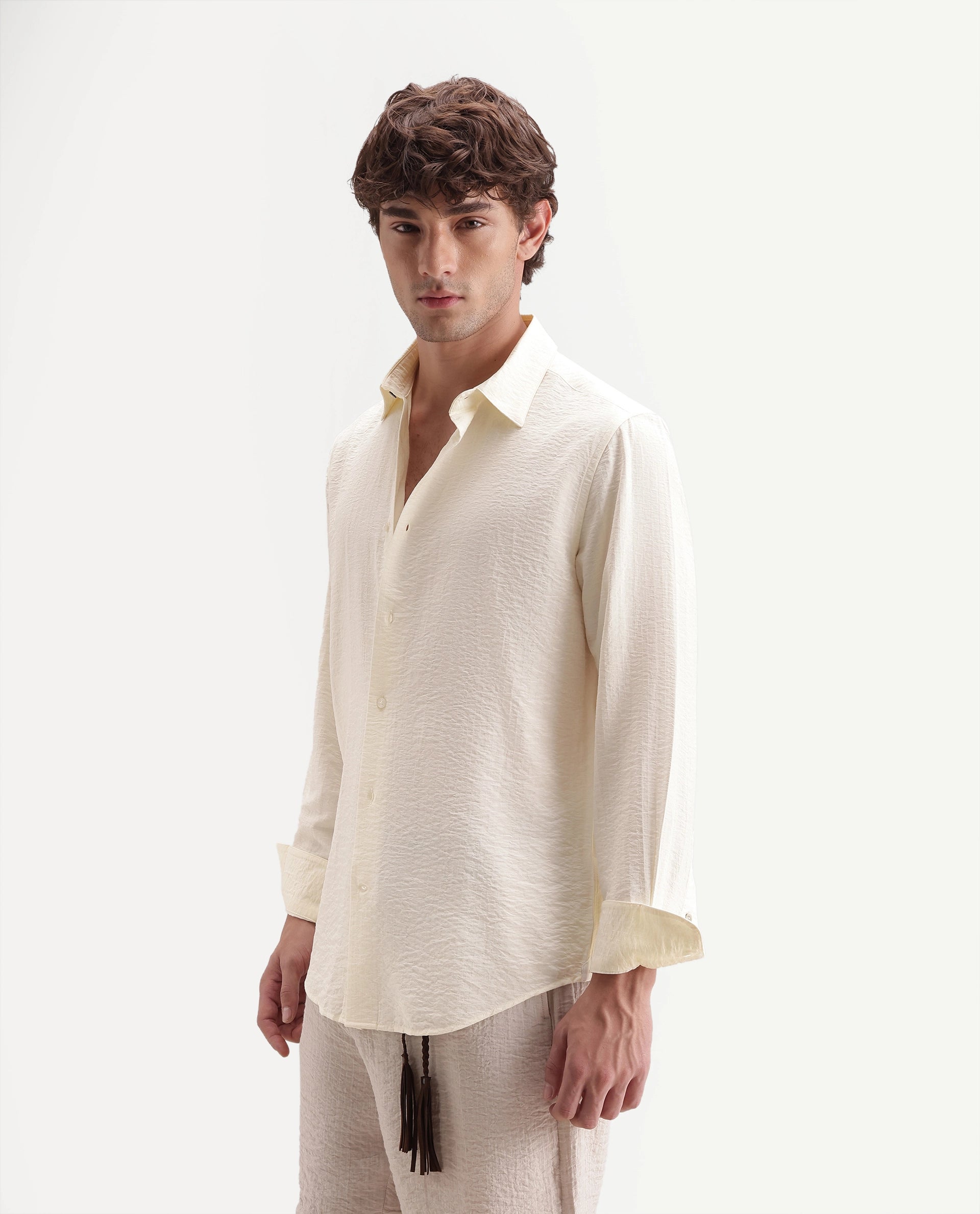 Rare Rabbit Men's Slink Light Yellow Viscose Blend Fabric Spread Collar Regular Striped Shirt