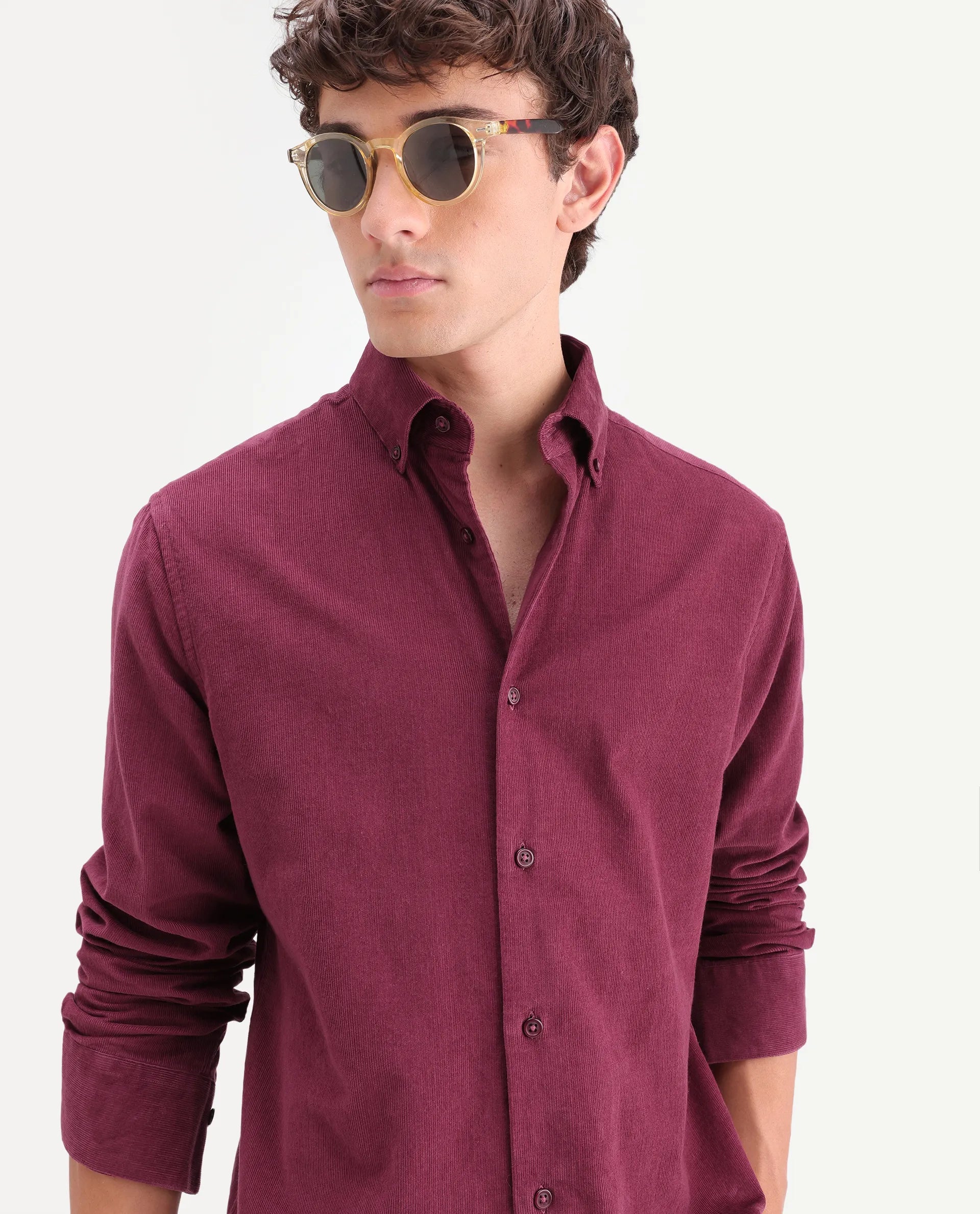 Rare Rabbit Men's Buita-On Red Cotton Fabric Button-Down Collar Regular Fit Plain Shirt