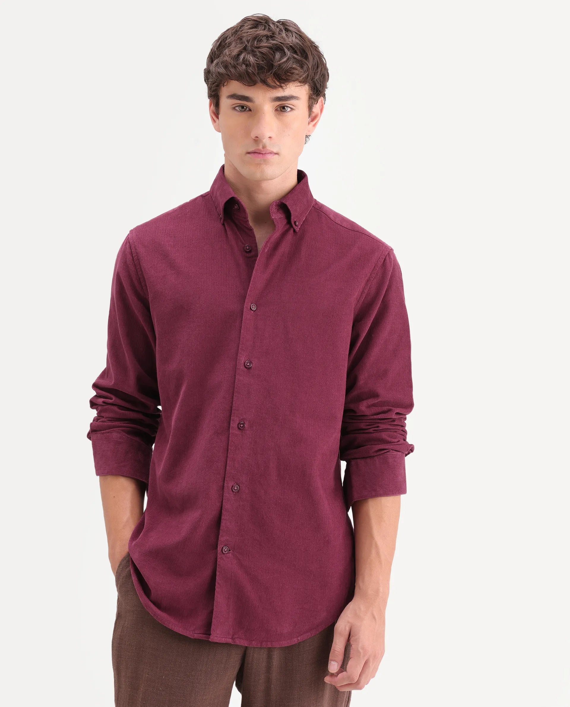 Rare Rabbit Men's Buita-On Red Cotton Fabric Button-Down Collar Regular Fit Plain Shirt