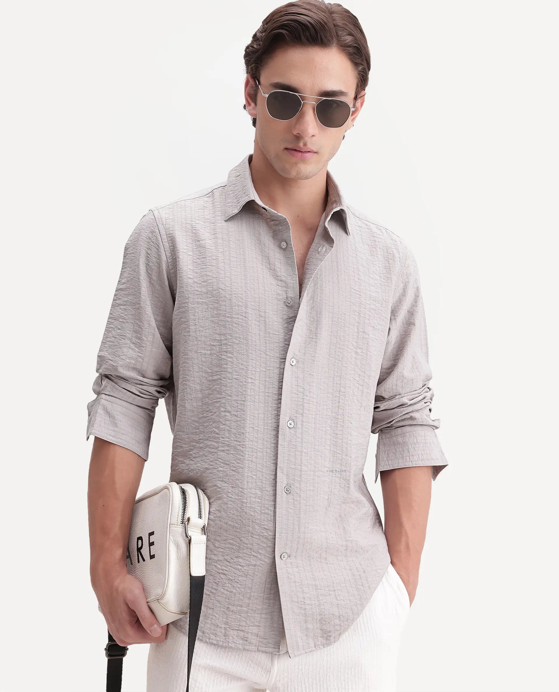 Rare Rabbit Men's Slink Grey Viscose Fabric Spread Collar Regular Striped Shirt