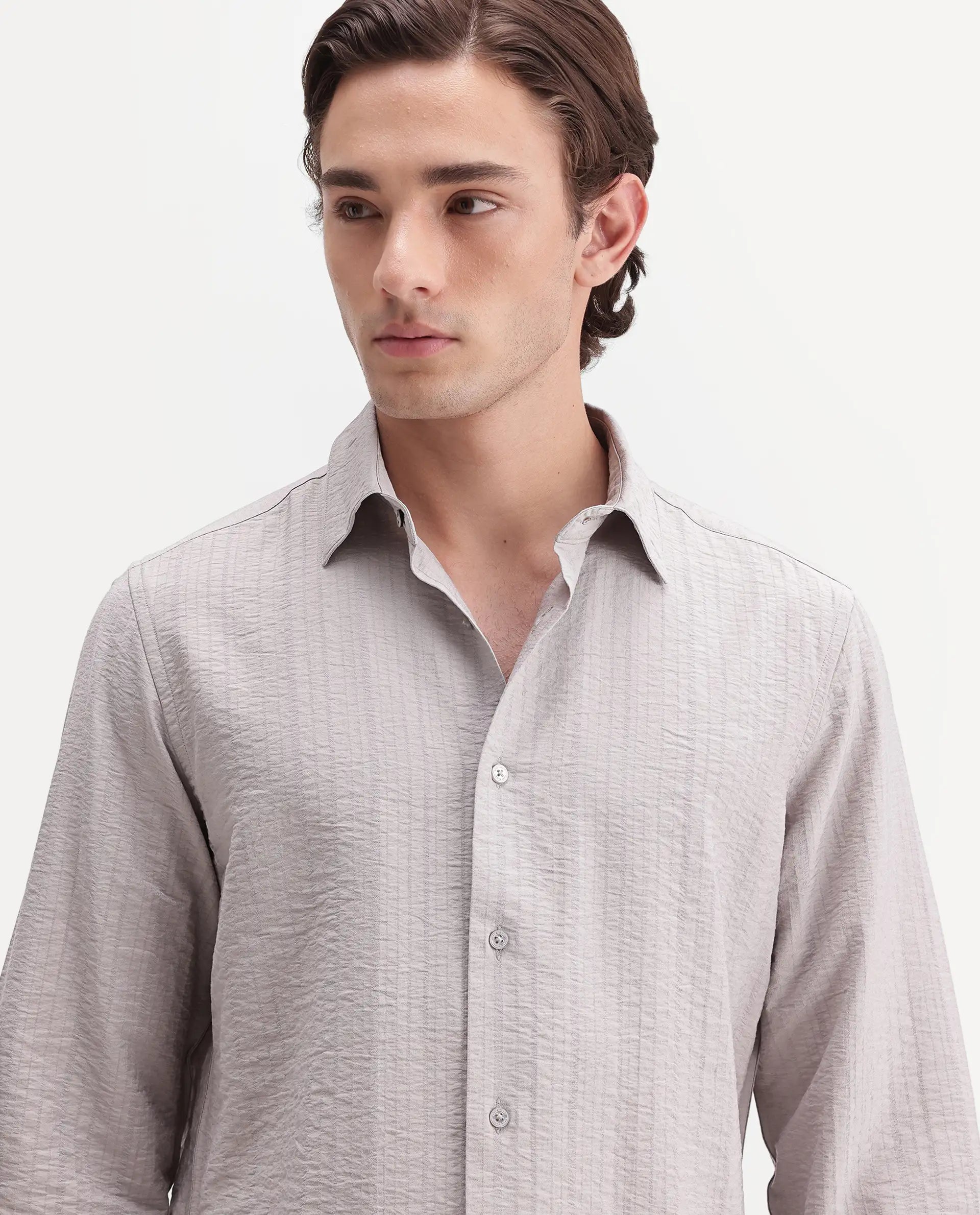 Rare Rabbit Men's Slink Grey Viscose Fabric Spread Collar Regular Striped Shirt
