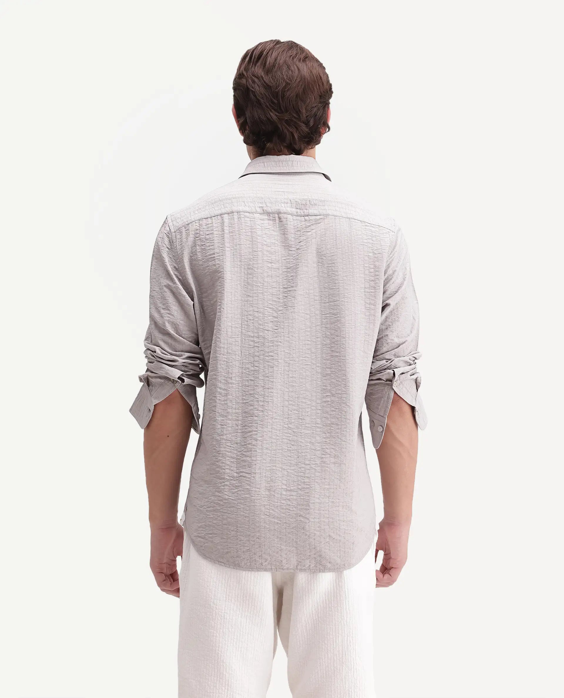 Rare Rabbit Men's Slink Grey Viscose Fabric Spread Collar Regular Striped Shirt