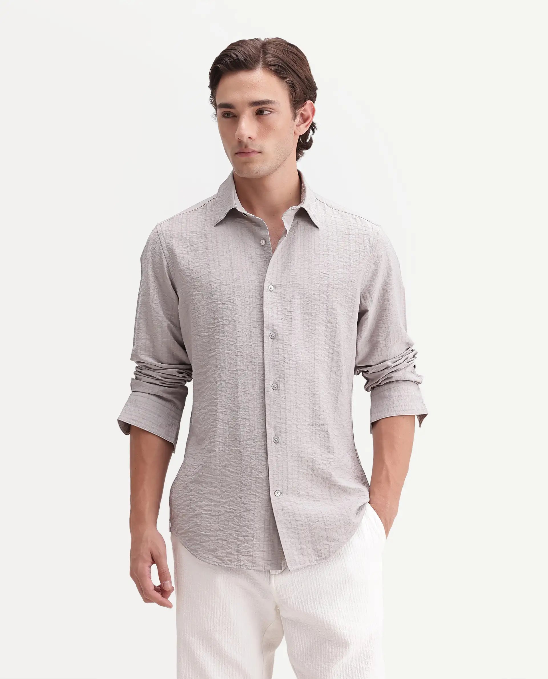 Rare Rabbit Men's Slink Grey Viscose Fabric Spread Collar Regular Striped Shirt