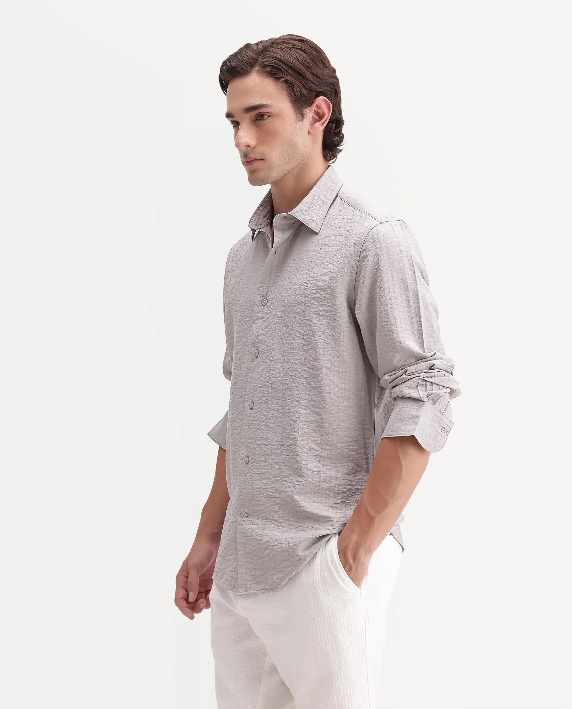 Rare Rabbit Men's Slink Grey Viscose Fabric Spread Collar Regular Striped Shirt