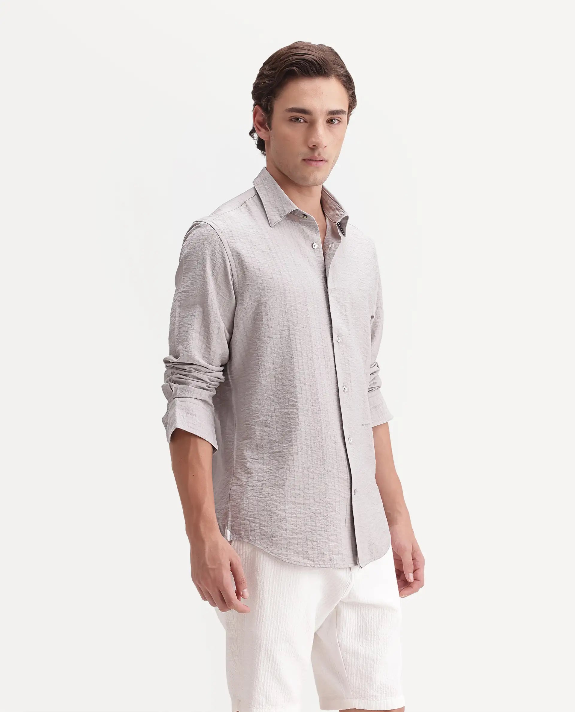 Rare Rabbit Men's Slink Grey Viscose Fabric Spread Collar Regular Striped Shirt