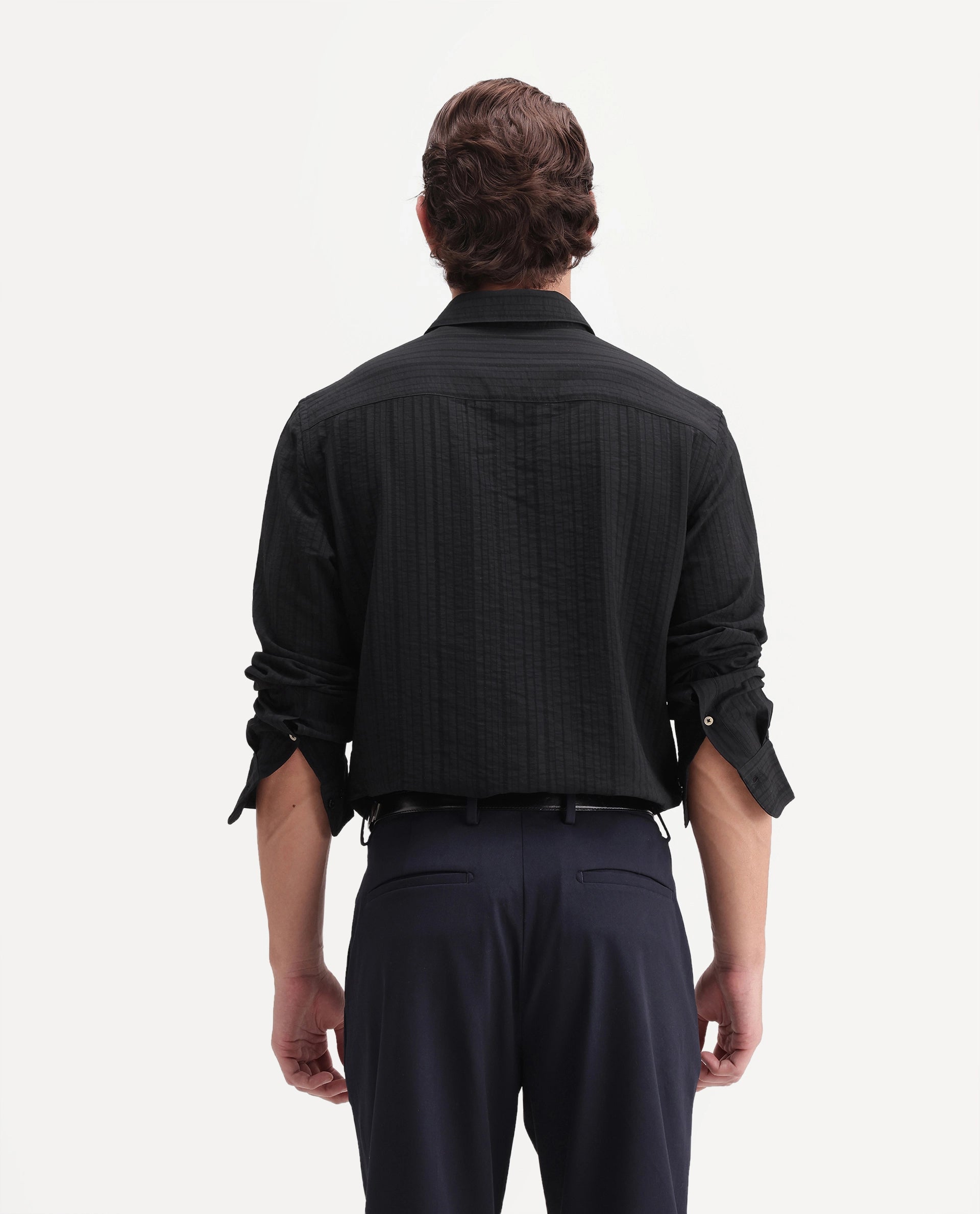 Rare Rabbit Men's Slink Black Viscose Blend Fabric Spread Collar Regular Textured Shirt