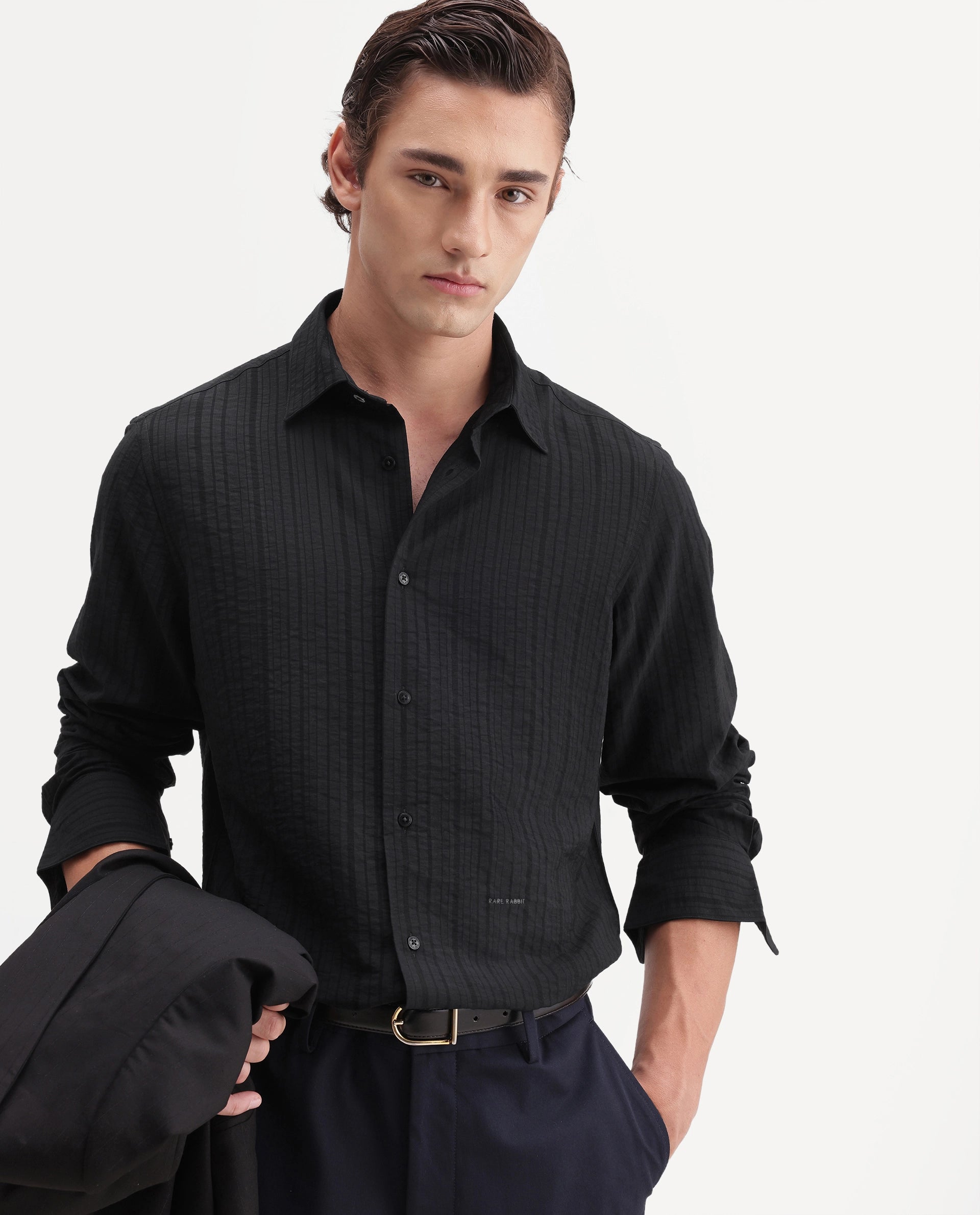 Rare Rabbit Men's Slink Black Viscose Blend Fabric Spread Collar Regular Textured Shirt