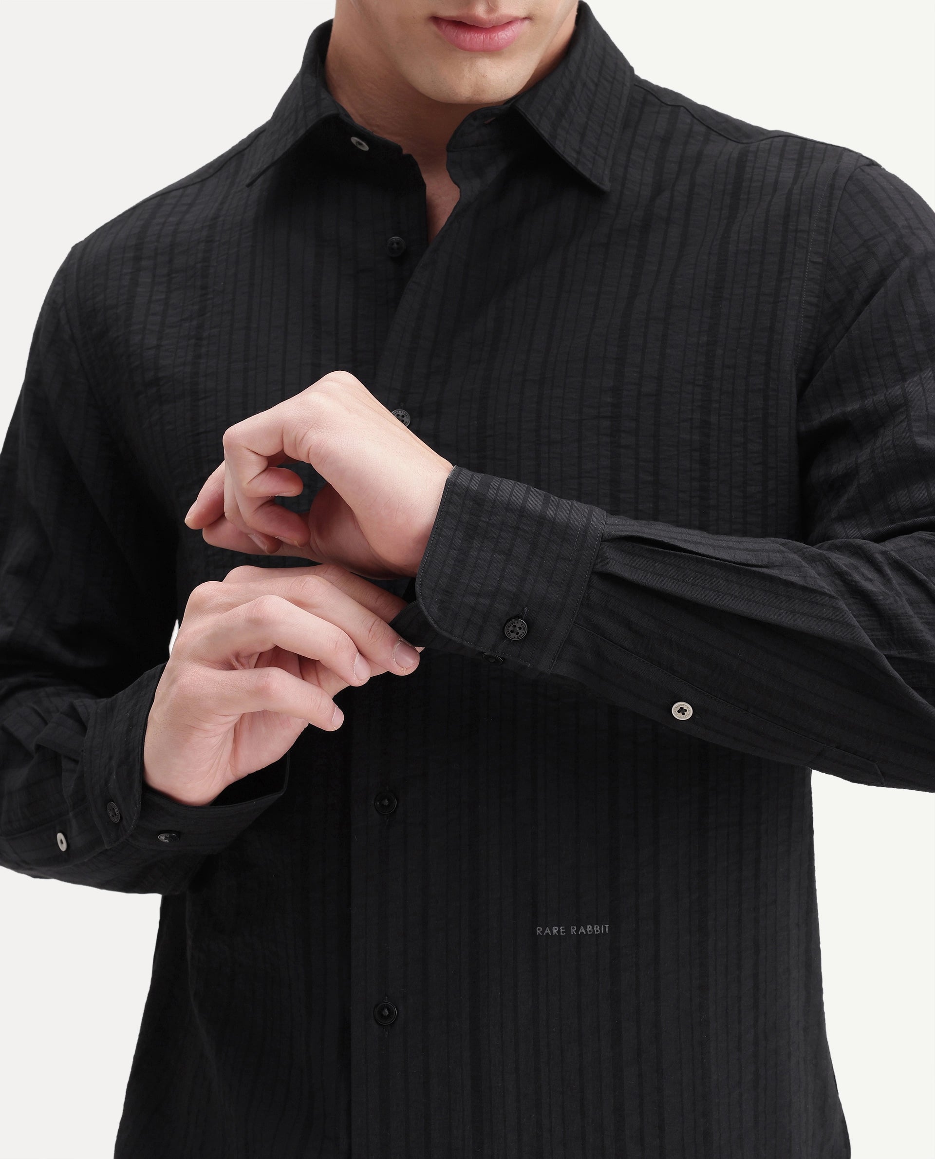 Rare Rabbit Men's Slink Black Viscose Blend Fabric Spread Collar Regular Textured Shirt