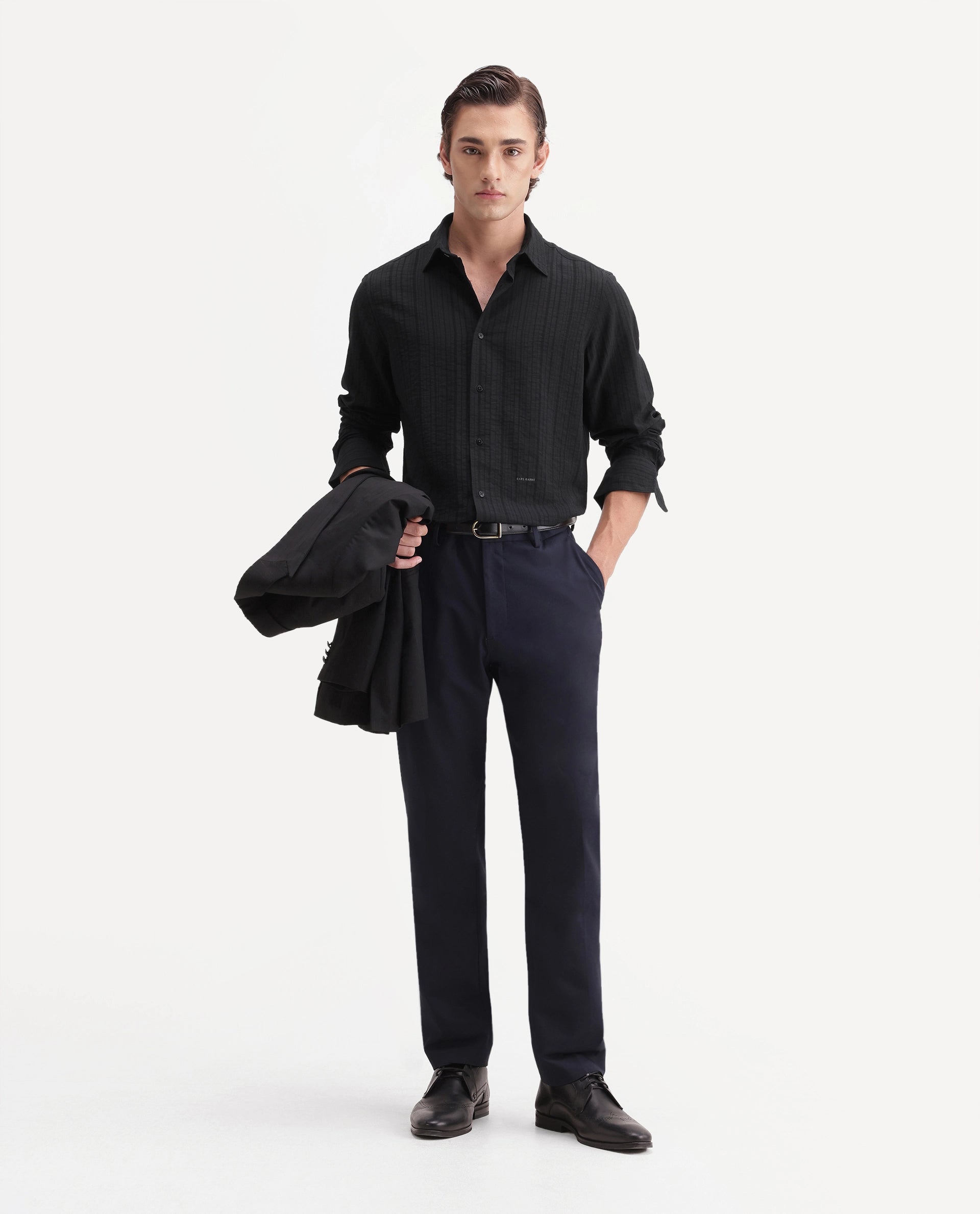 Rare Rabbit Men's Slink Black Viscose Blend Fabric Spread Collar Regular Textured Shirt