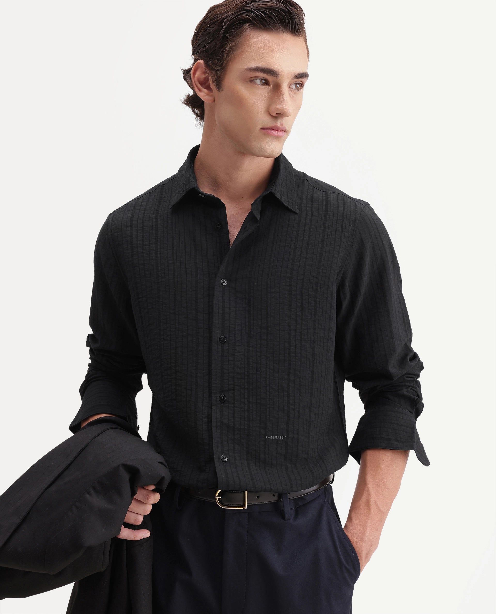 Rare Rabbit Men's Slink Black Viscose Blend Fabric Spread Collar Regular Textured Shirt