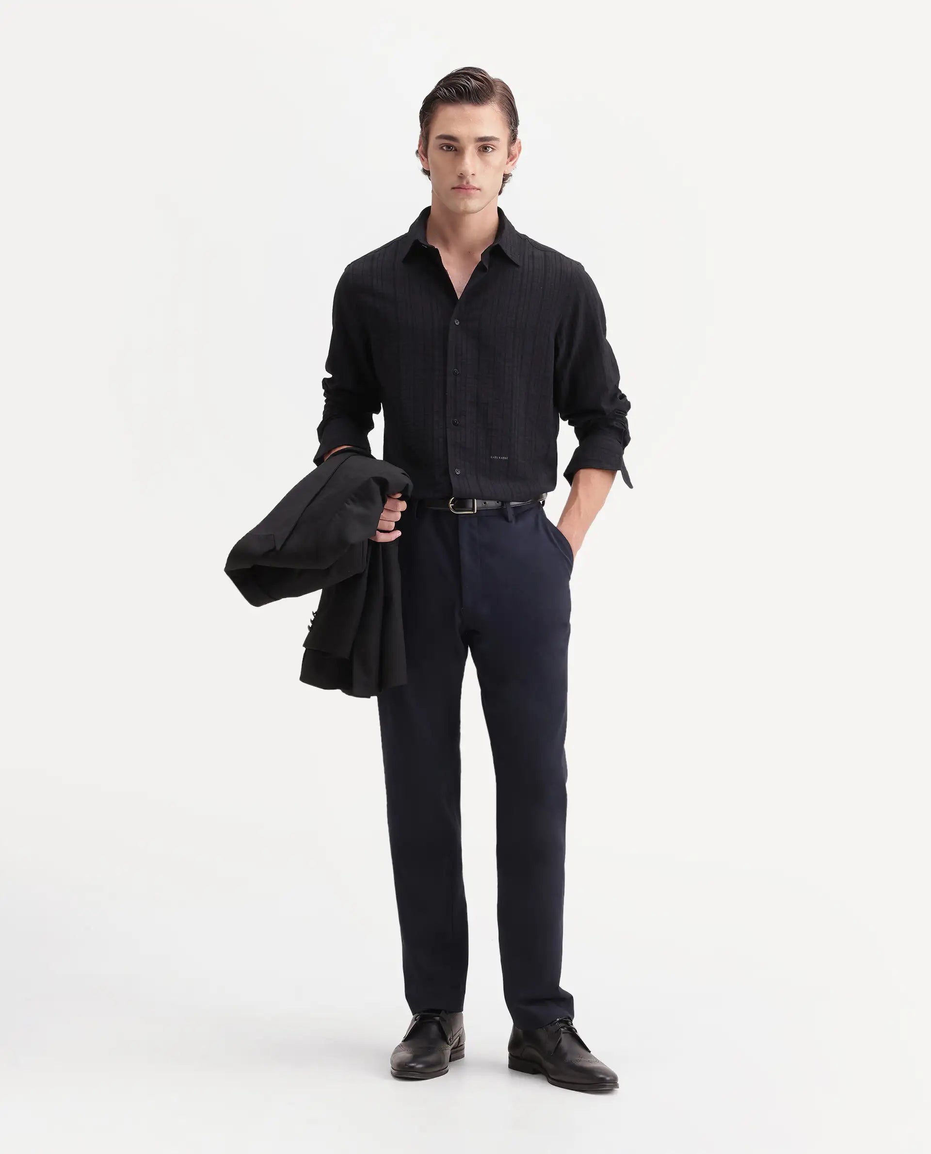 Rare Rabbit Men's Slink Black Viscose Fabric Spread Collar Regular Striped Shirt