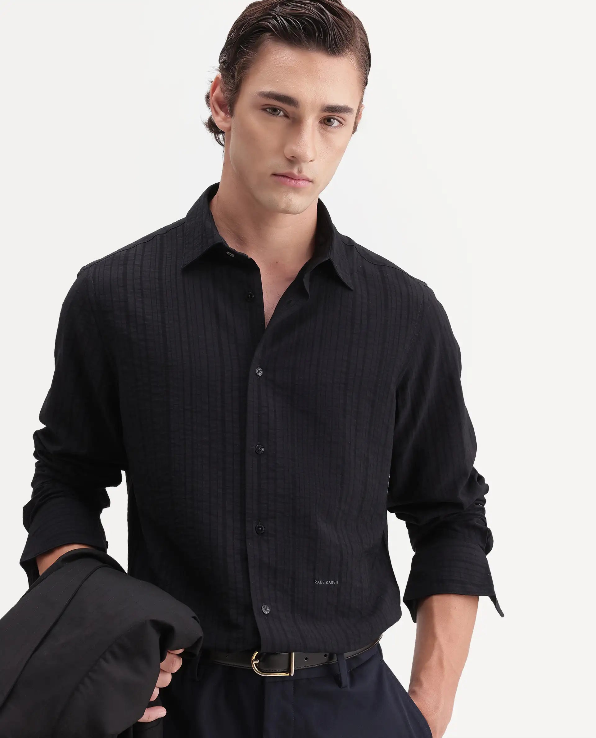Rare Rabbit Men's Slink Black Viscose Fabric Spread Collar Regular Striped Shirt