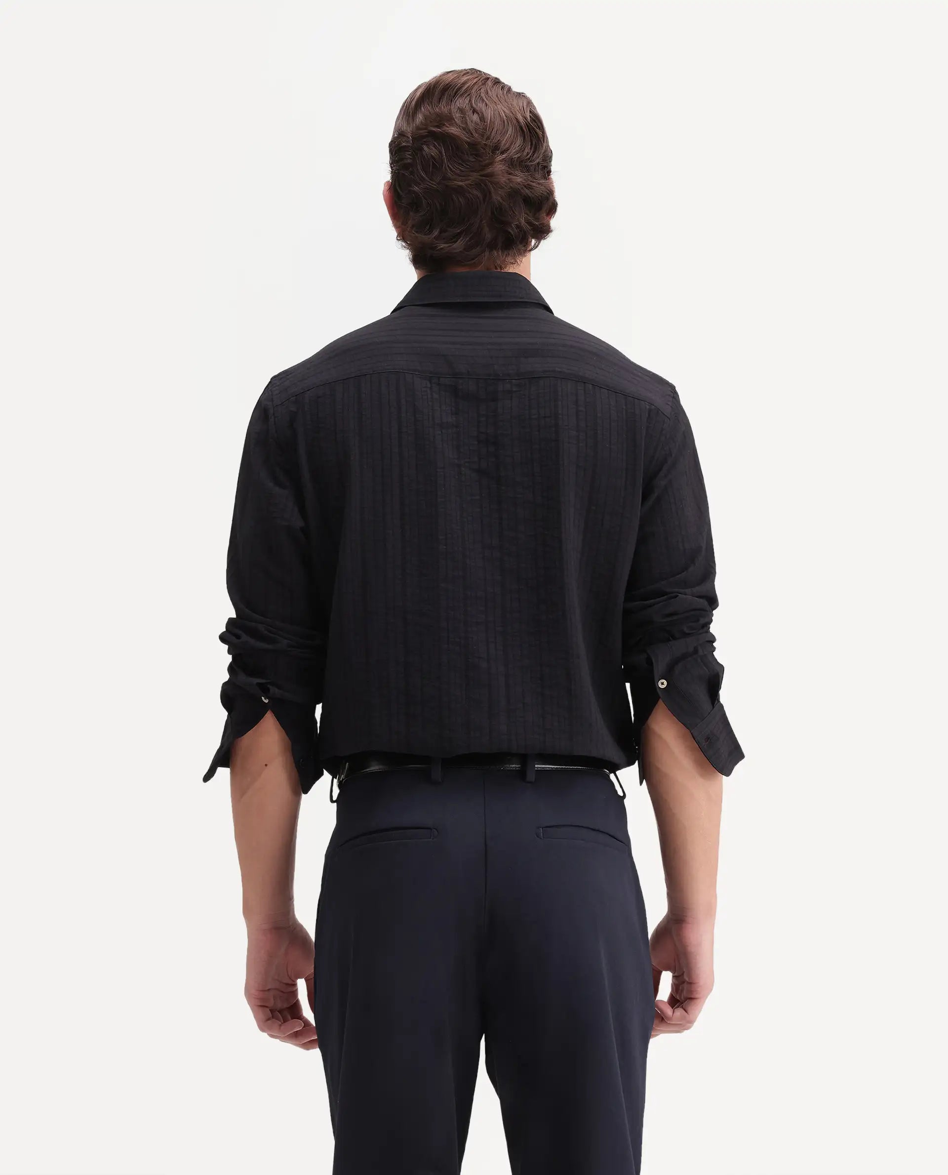 Rare Rabbit Men's Slink Black Viscose Fabric Spread Collar Regular Striped Shirt