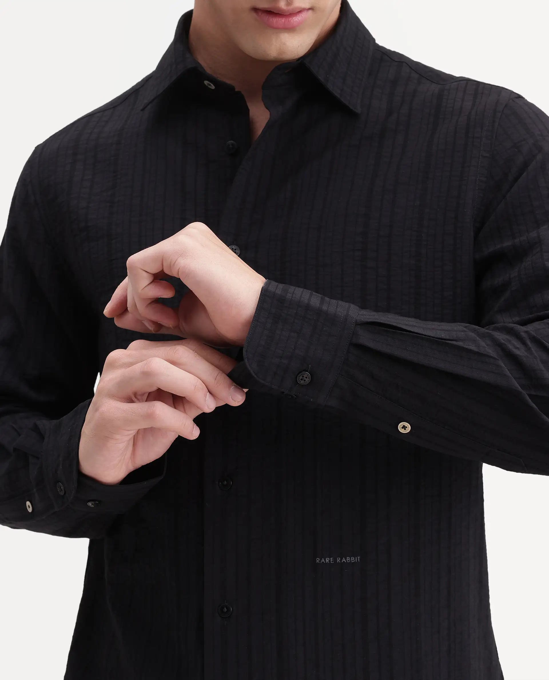 Rare Rabbit Men's Slink Black Viscose Fabric Spread Collar Regular Striped Shirt
