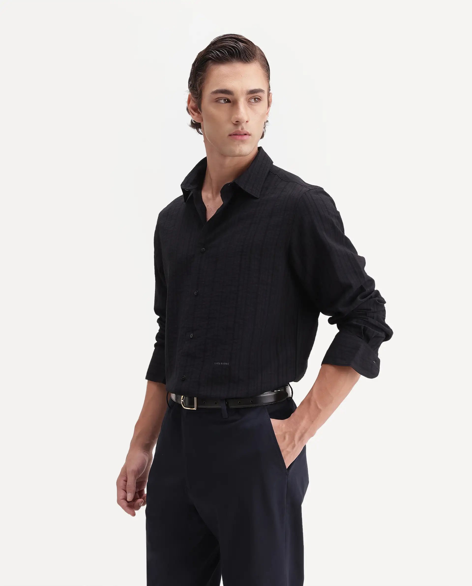Rare Rabbit Men's Slink Black Viscose Fabric Spread Collar Regular Striped Shirt