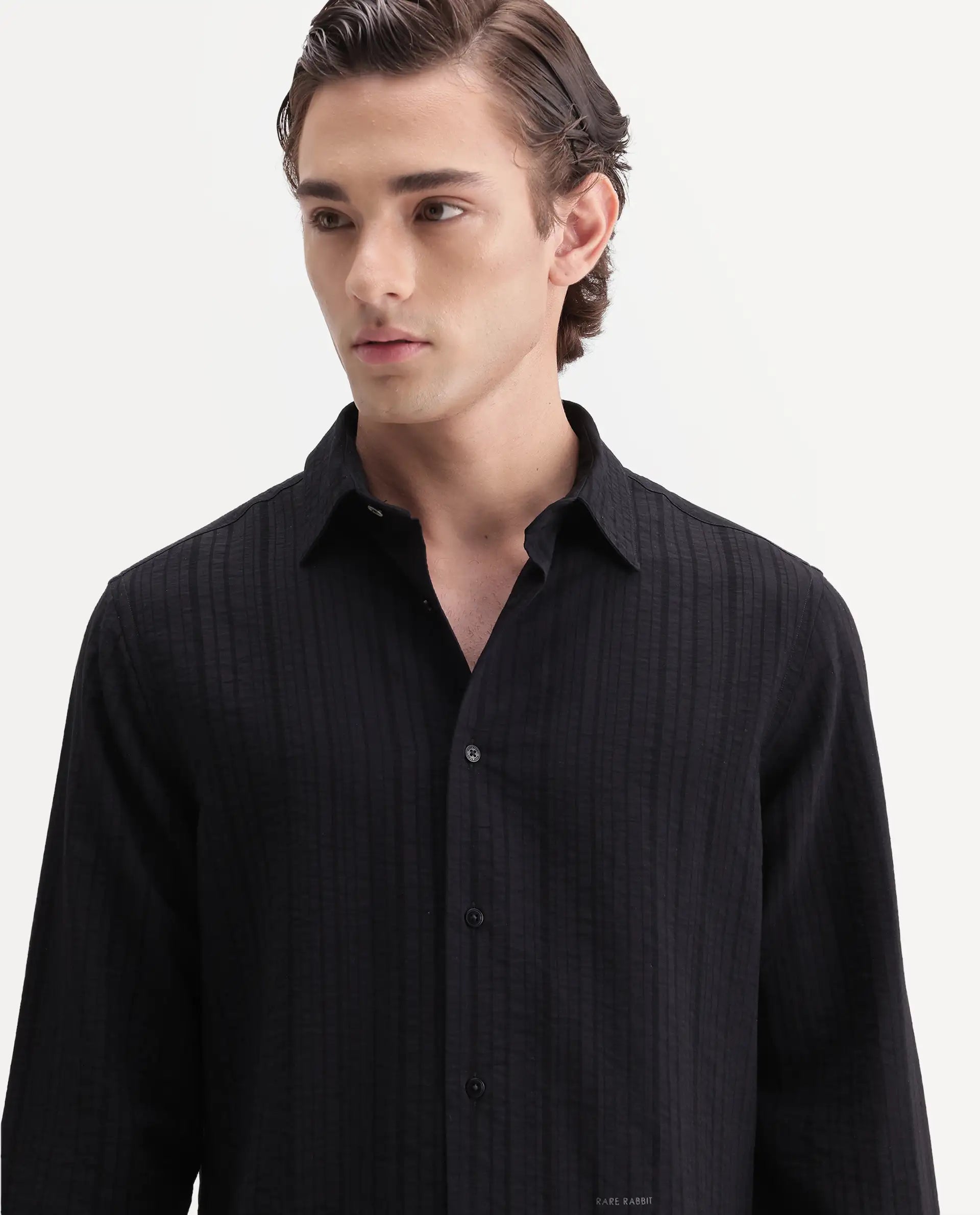 Rare Rabbit Men's Slink Black Viscose Fabric Spread Collar Regular Striped Shirt