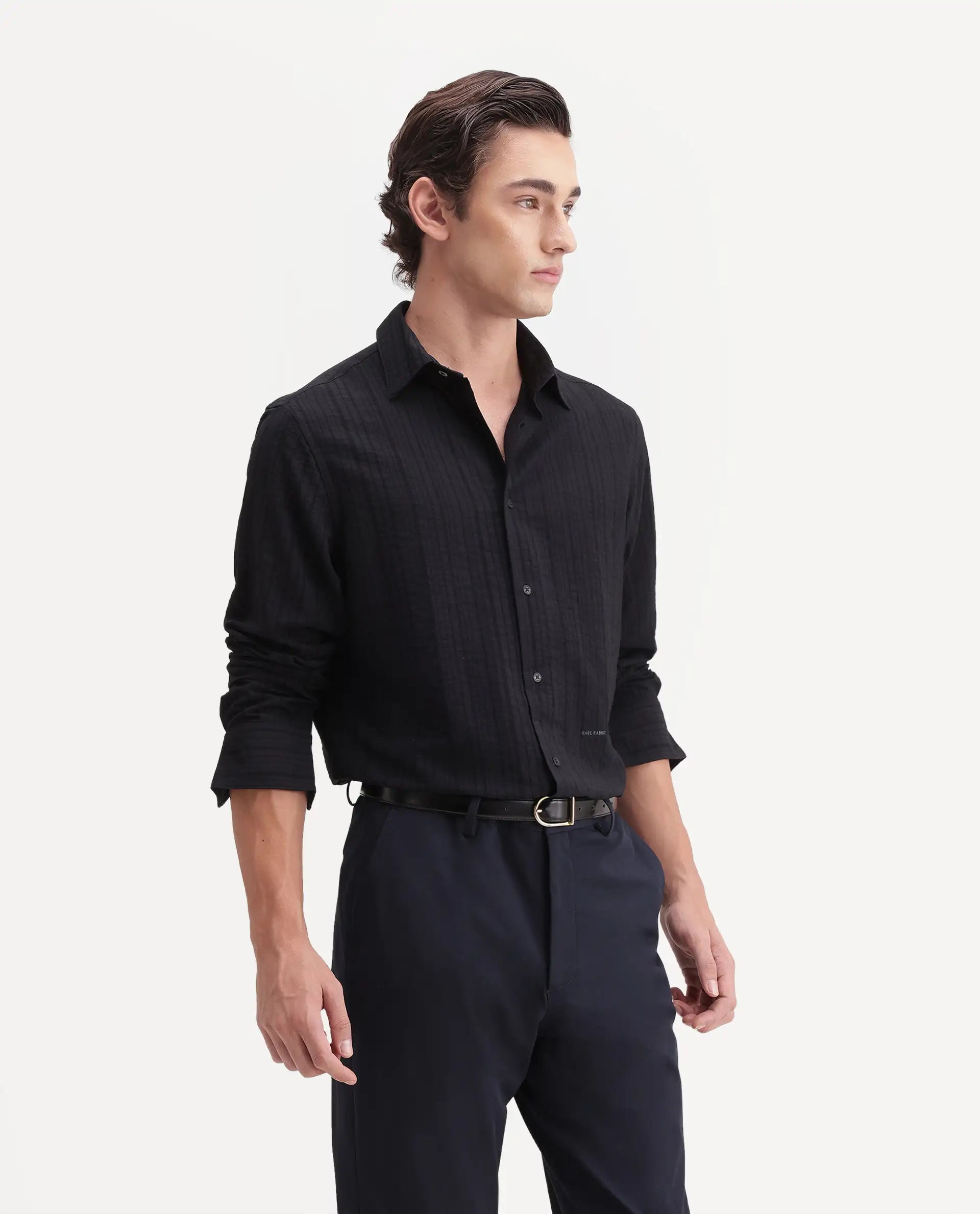 Rare Rabbit Men's Slink Black Viscose Fabric Spread Collar Regular Striped Shirt