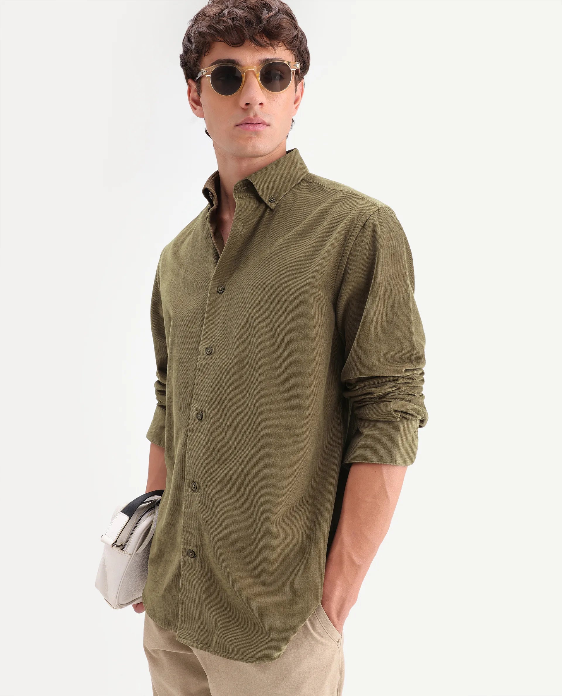 Rare Rabbit Men's Buita-On Light Green Cotton Fabric Button-Down Collar Regular Fit Plain Shirt