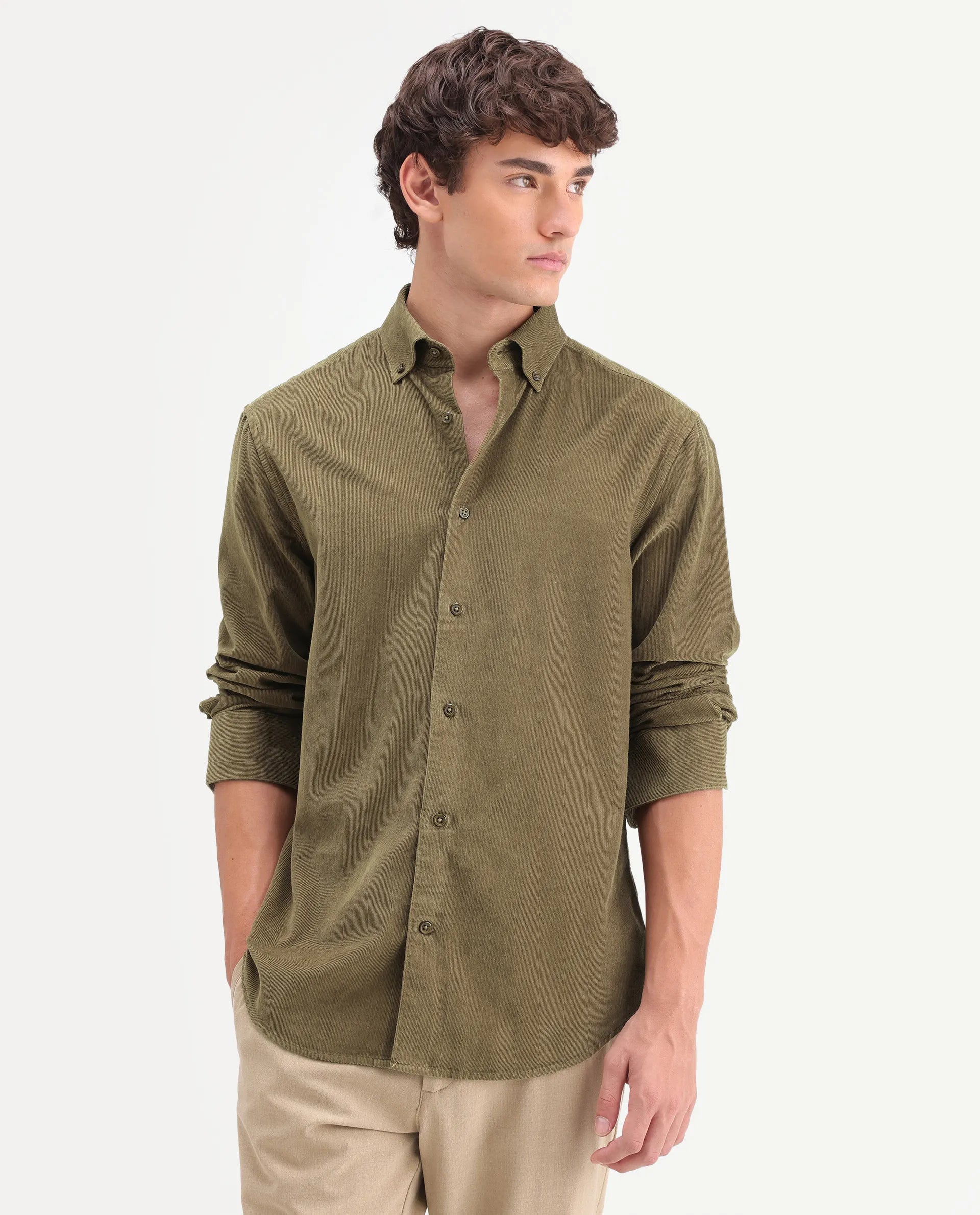 Rare Rabbit Men's Buita-On Light Green Cotton Fabric Button-Down Collar Regular Fit Plain Shirt