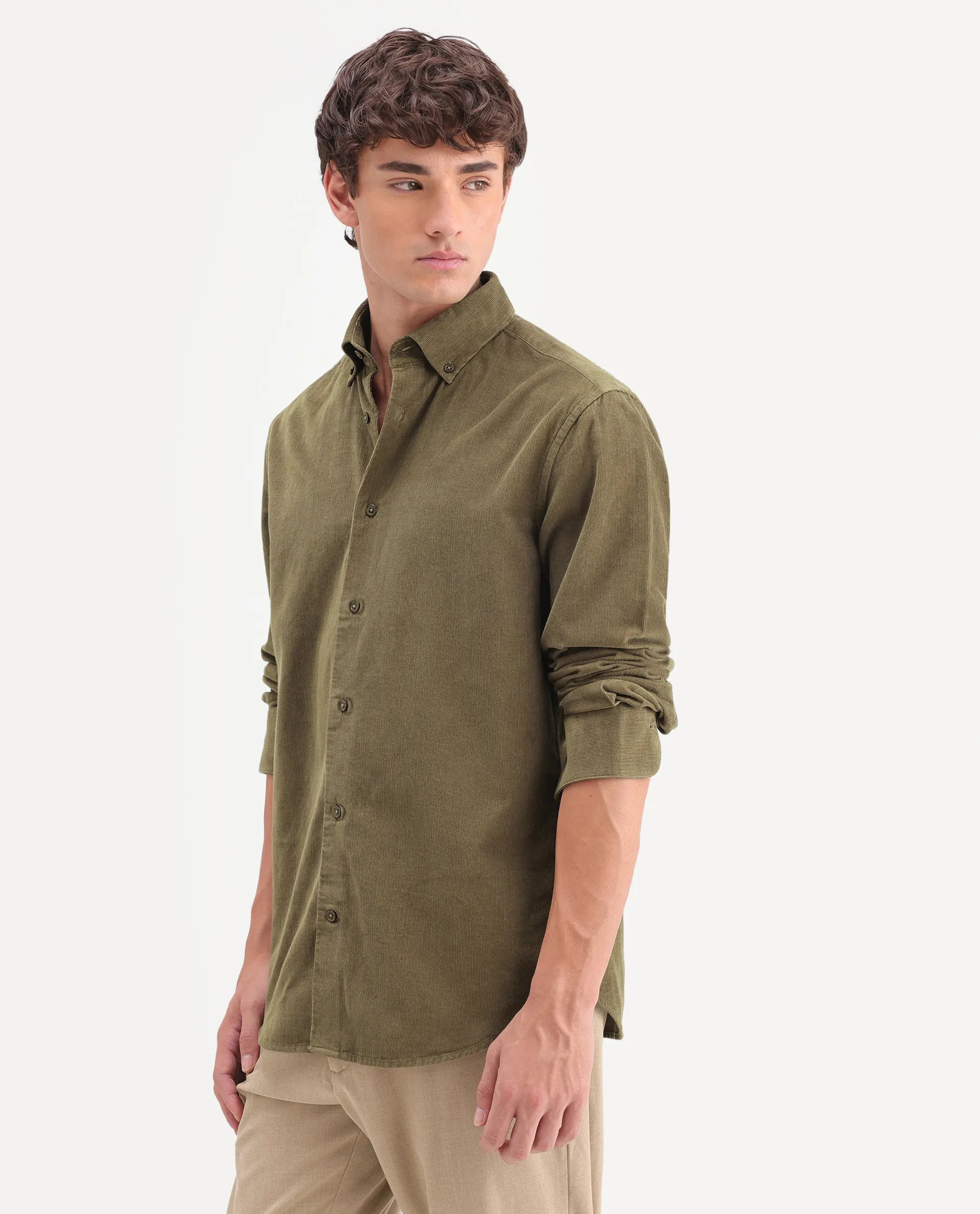 Rare Rabbit Men's Buita-On Light Green Cotton Fabric Button-Down Collar Regular Fit Plain Shirt