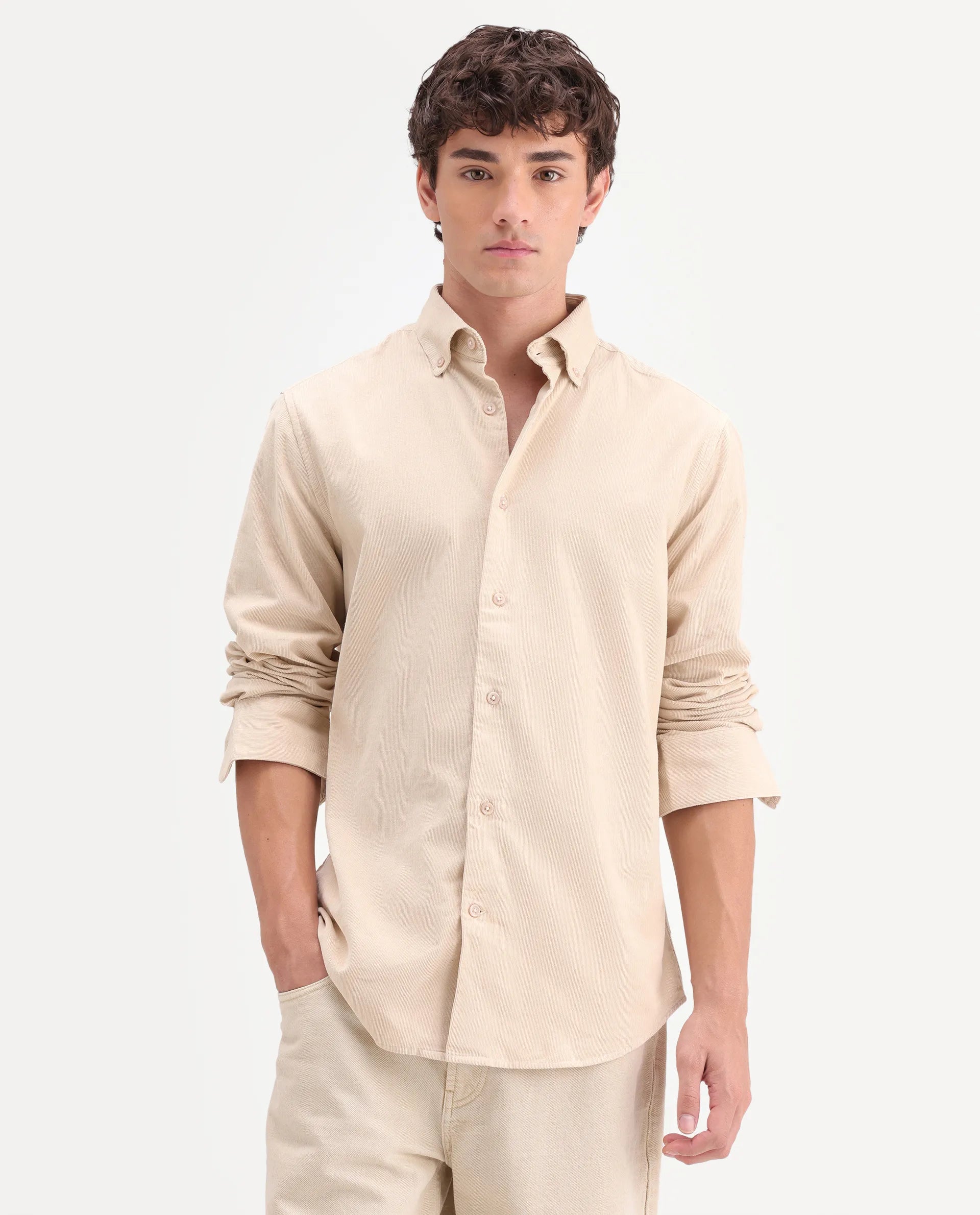 Rare Rabbit Men's Buita-On Off White Cotton Fabric Button-Down Collar Regular Fit Plain Shirt