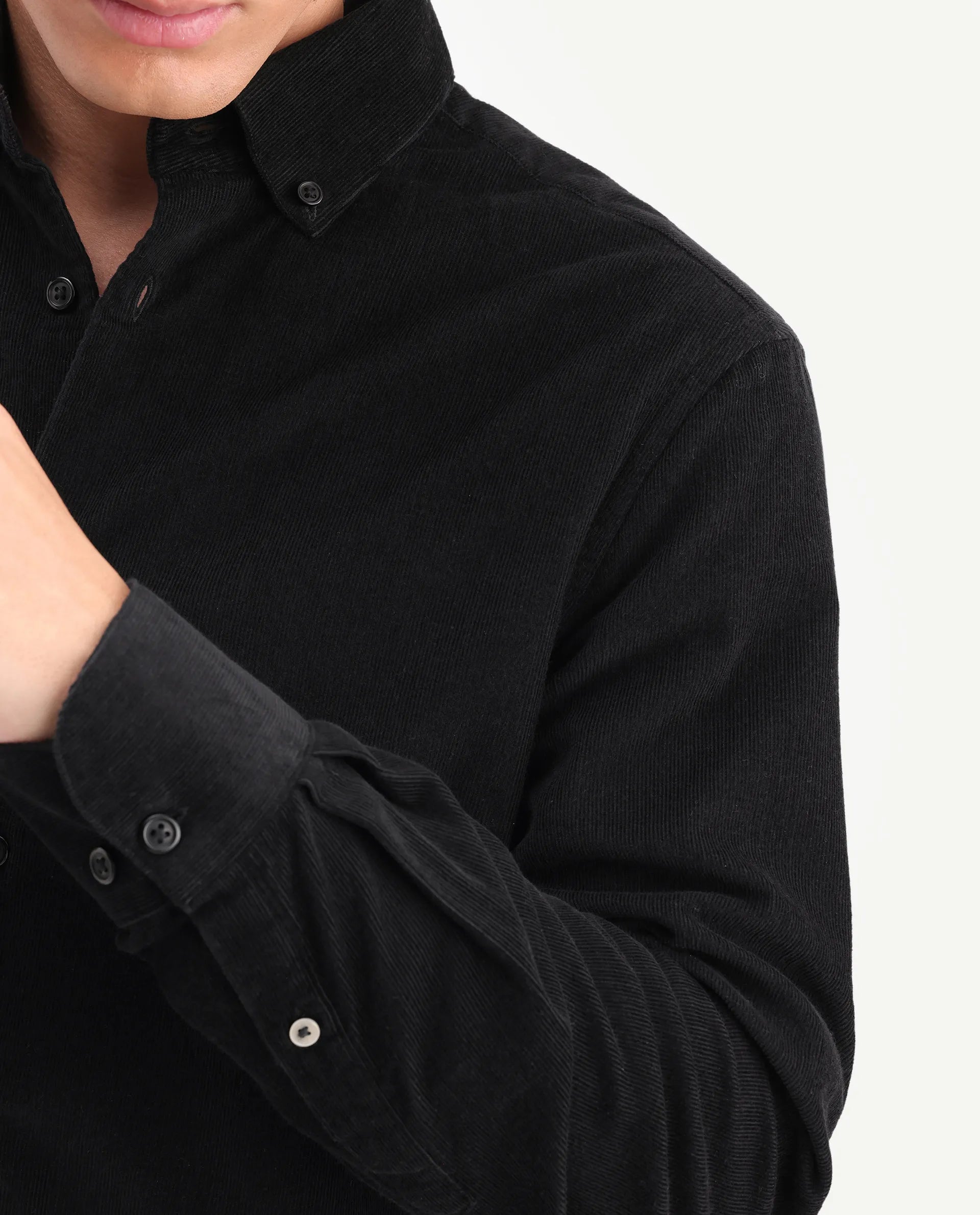Rare Rabbit Men's Buita-On Black Cotton Fabric Button-Down Collar Regular Fit Plain Shirt