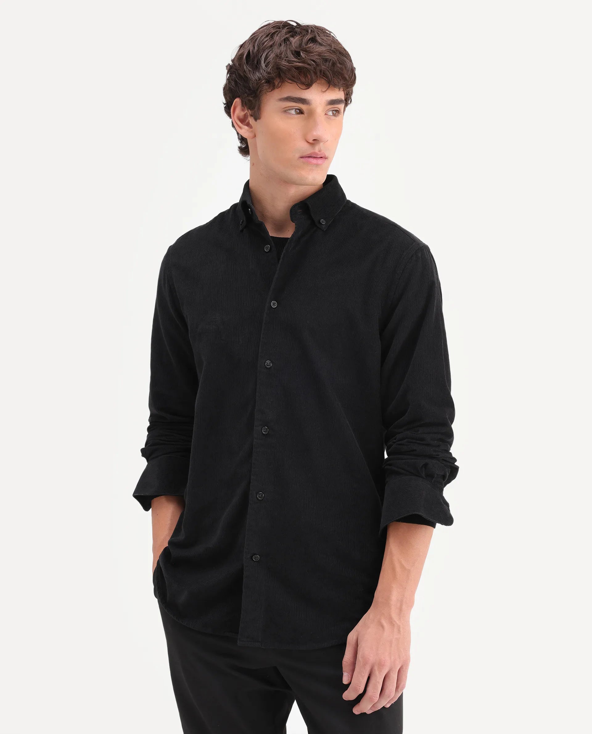 Rare Rabbit Men's Buita-On Black Cotton Fabric Button-Down Collar Regular Fit Plain Shirt