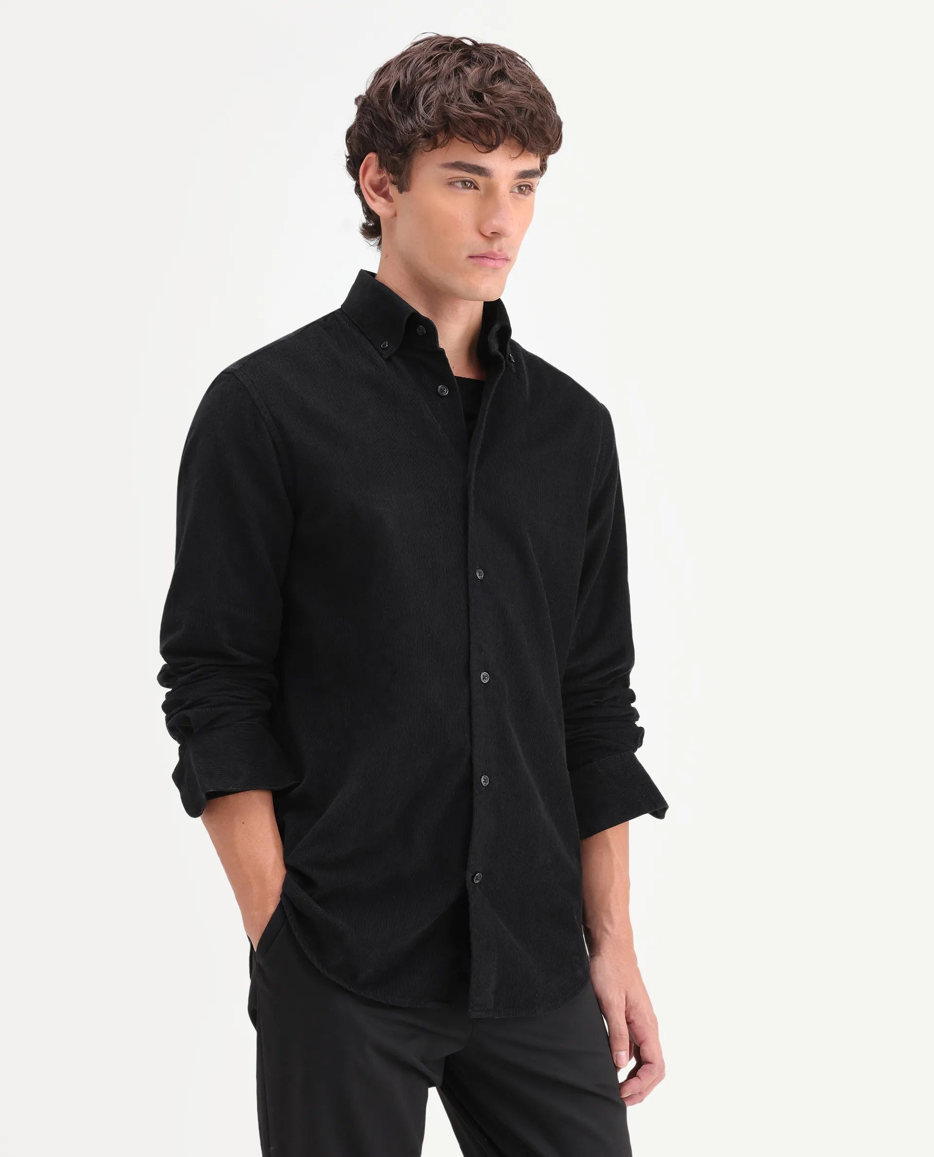 Rare Rabbit Men's Buita-On Black Cotton Fabric Button-Down Collar Regular Fit Plain Shirt