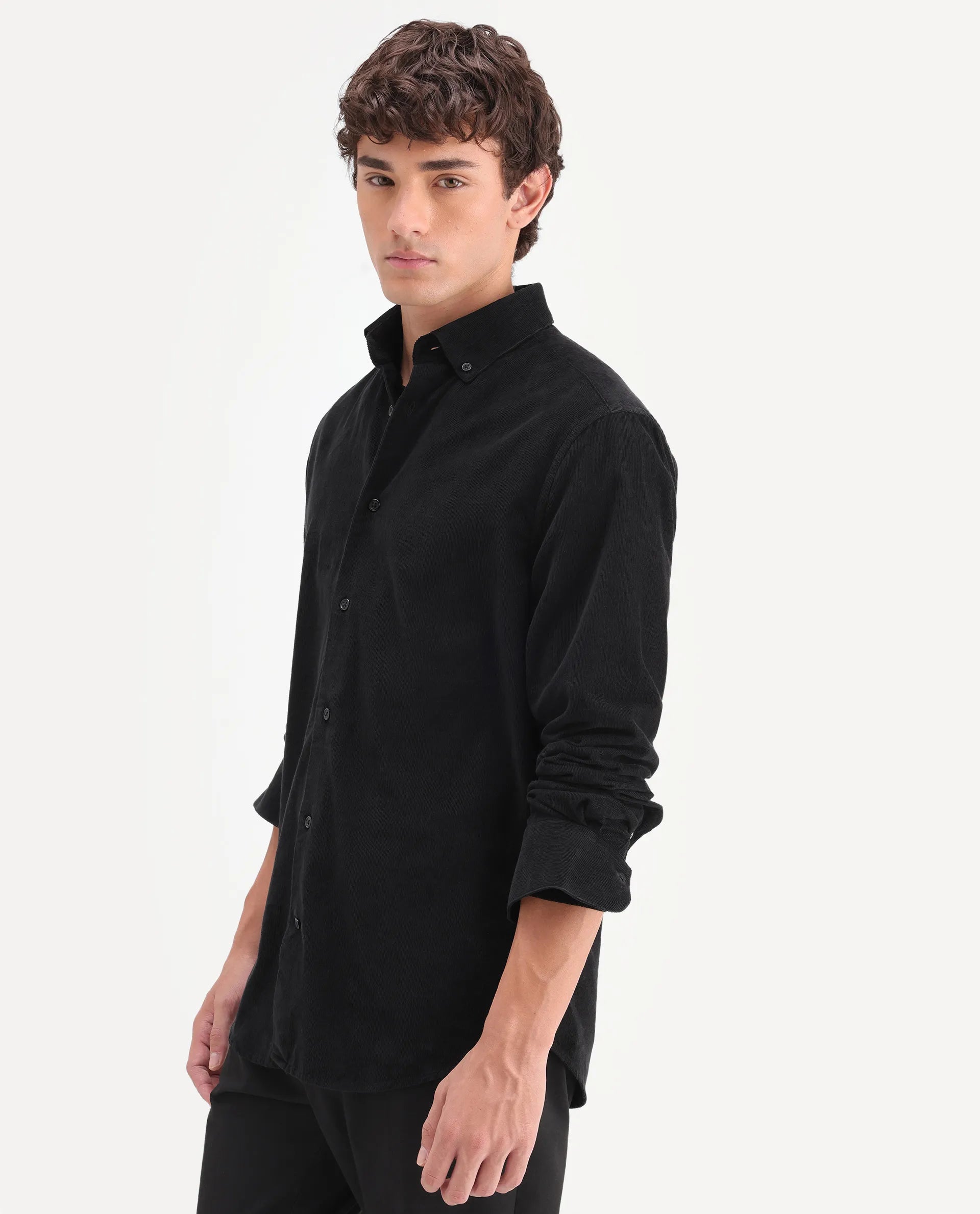 Rare Rabbit Men's Buita-On Black Cotton Fabric Button-Down Collar Regular Fit Plain Shirt