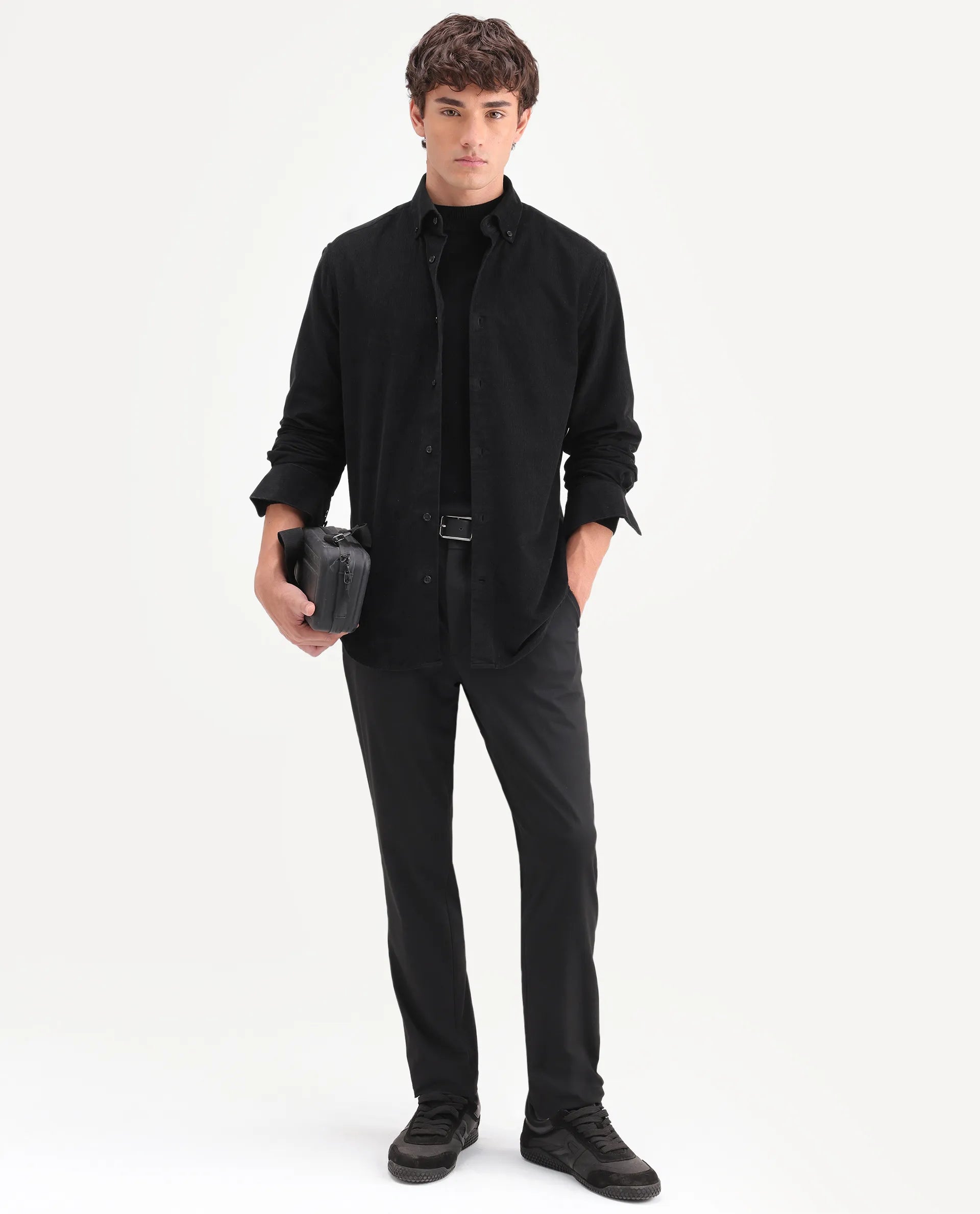 Rare Rabbit Men's Buita-On Black Cotton Fabric Button-Down Collar Regular Fit Plain Shirt