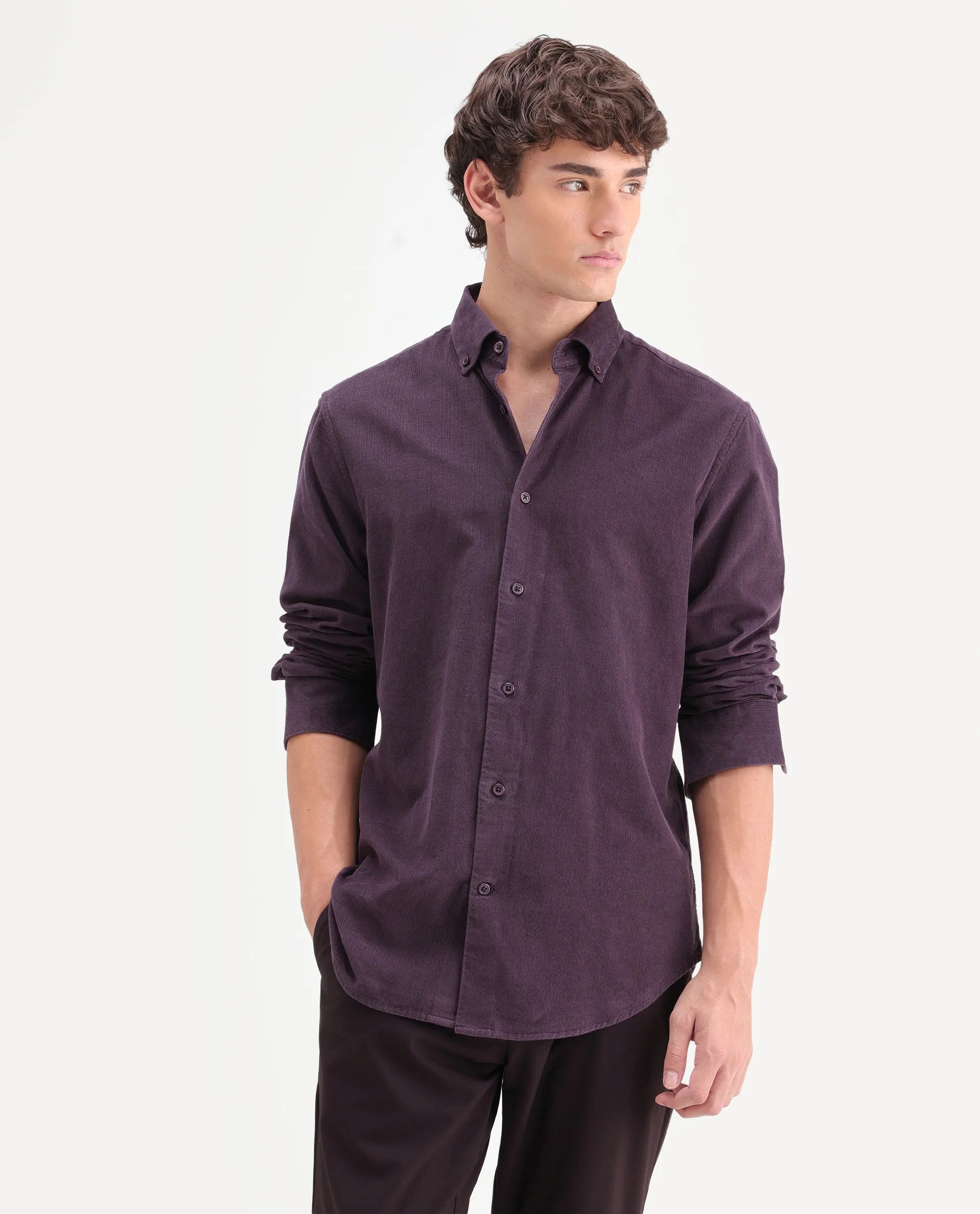 Rare Rabbit Men's Buita-On Dark Purple Cotton Fabric Button-Down Collar Regular Fit Plain Shirt