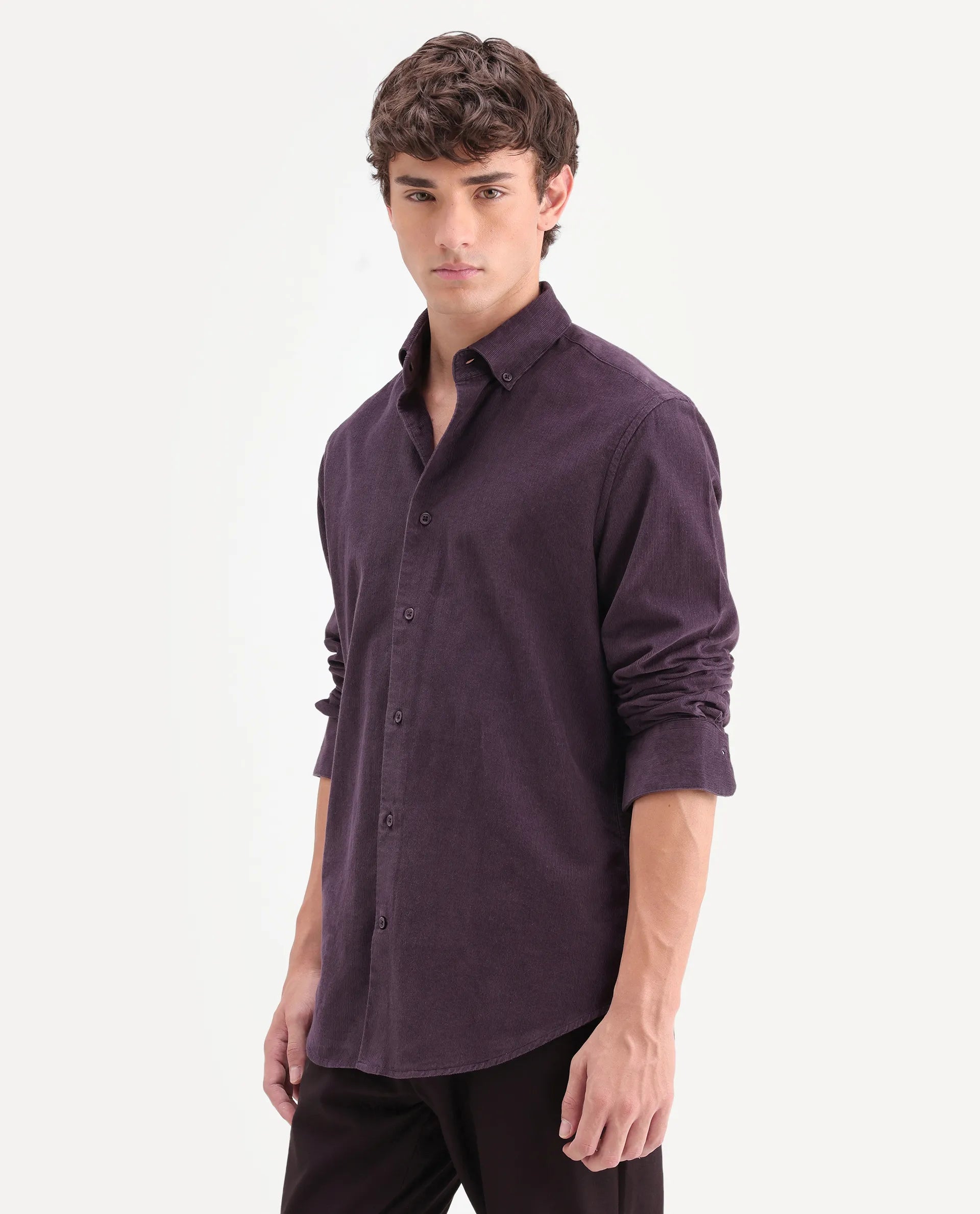 Rare Rabbit Men's Buita-On Dark Purple Cotton Fabric Button-Down Collar Regular Fit Plain Shirt