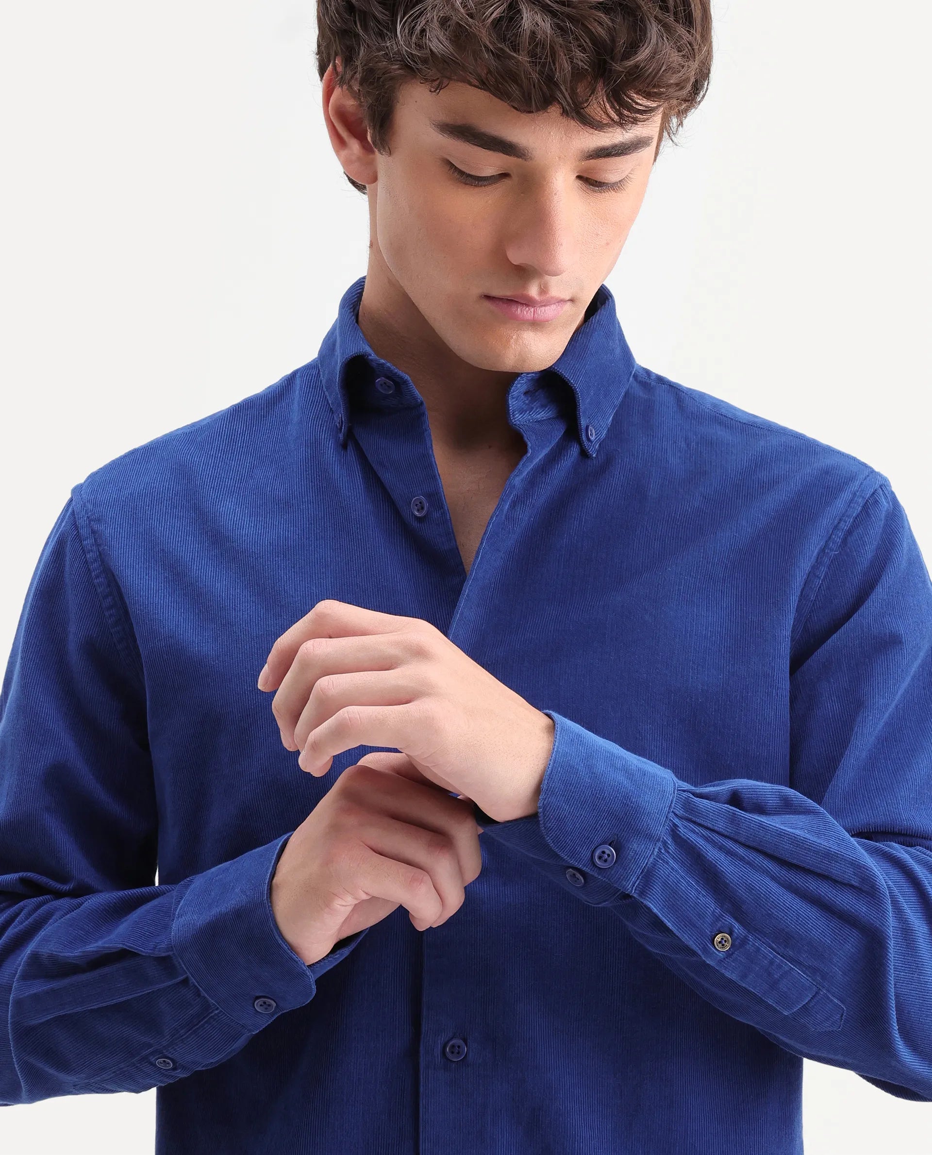 Rare Rabbit Men's Buita-On Blue Cotton Fabric Button-Down Collar Regular Fit Plain Shirt