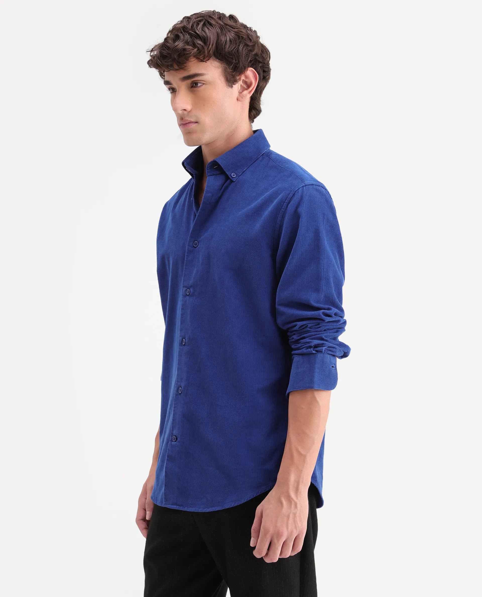 Rare Rabbit Men's Buita-On Blue Cotton Fabric Button-Down Collar Regular Fit Plain Shirt