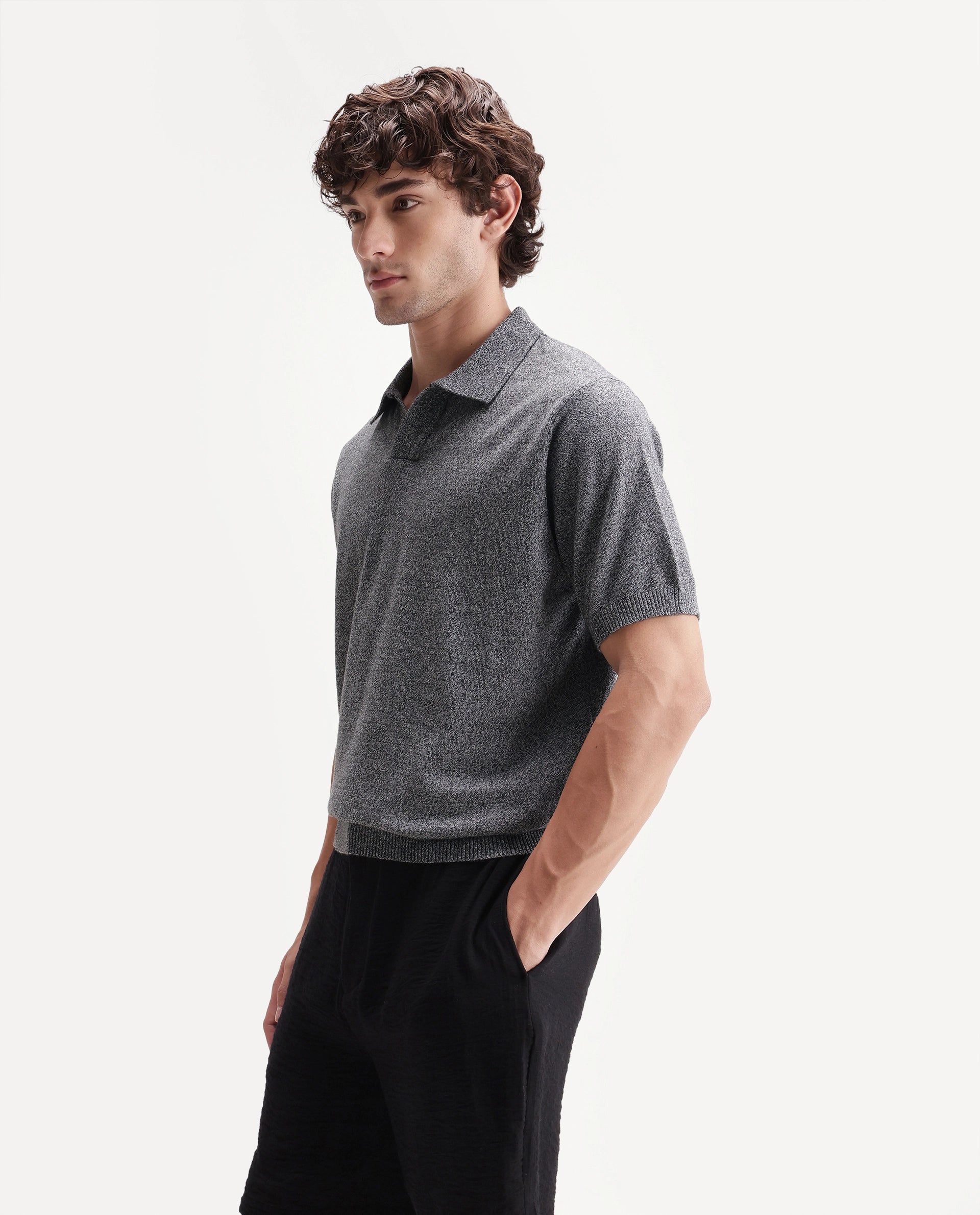 Rare Rabbit Men's Aldro Black Cotton Blend Johnny Collar Regular Plain Polo