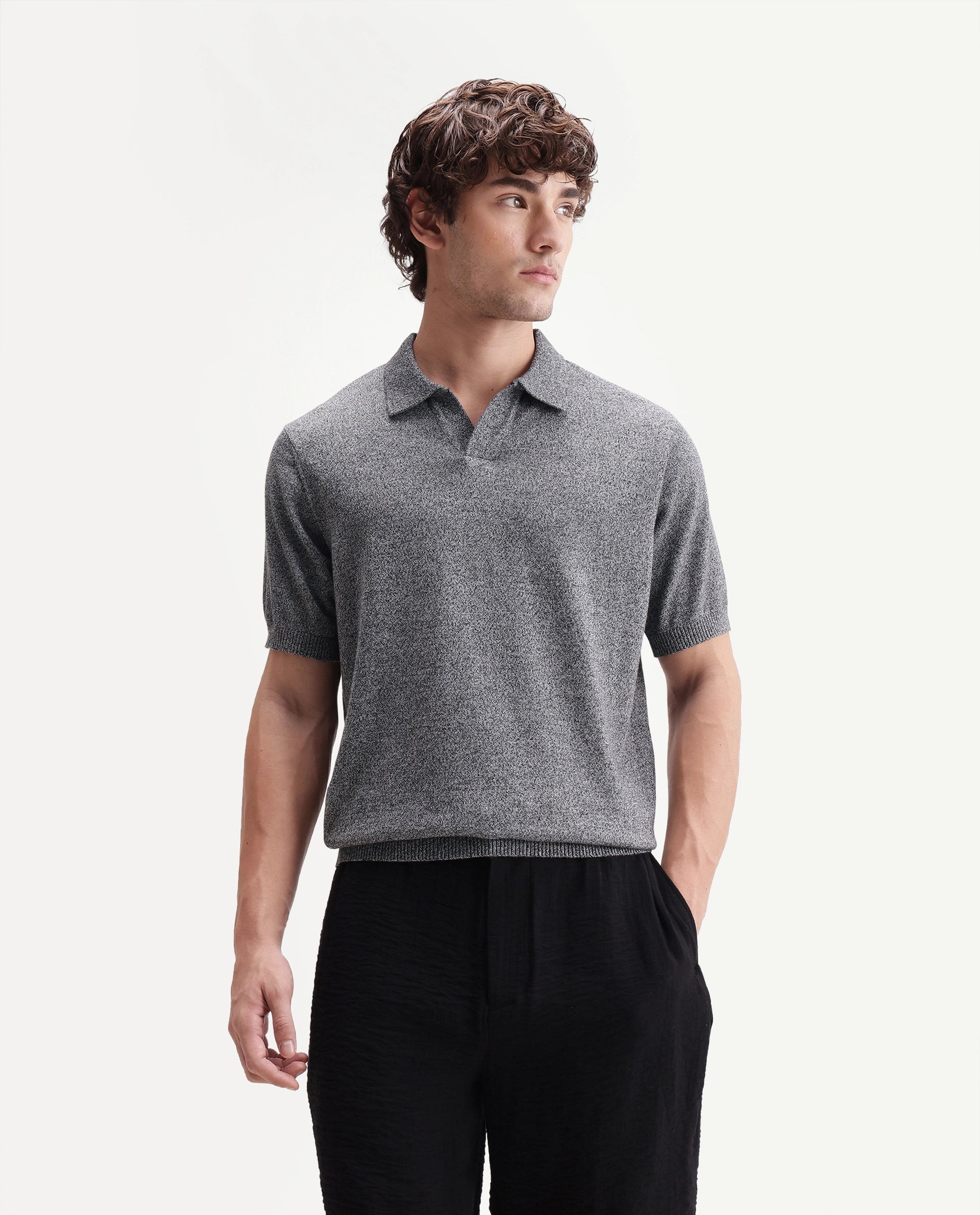Rare Rabbit Men's Aldro Black Cotton Blend Johnny Collar Regular Plain Polo