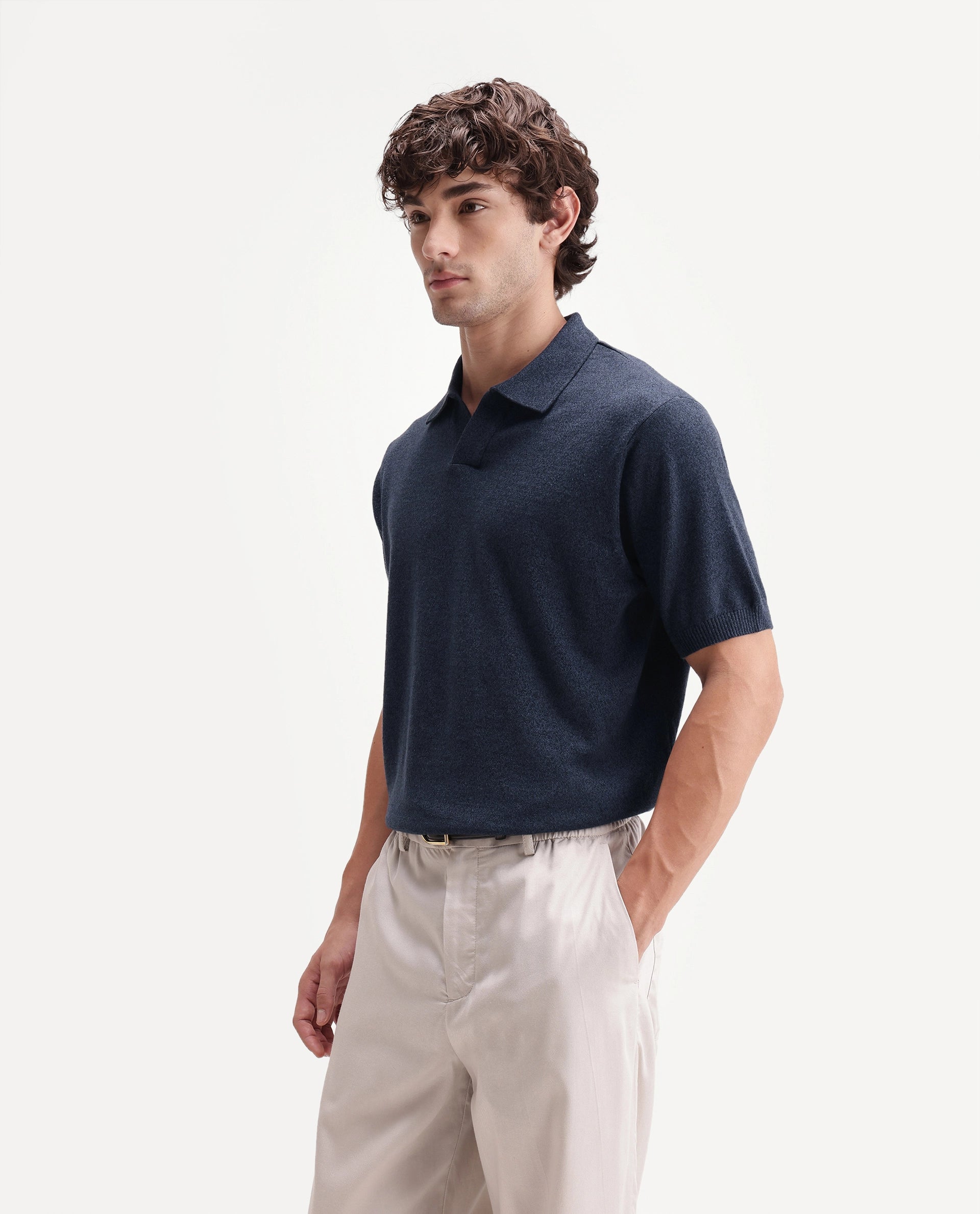 Rare Rabbit Men's Aldro Blue Cotton Blend Johnny Collar Regular Plain Polo
