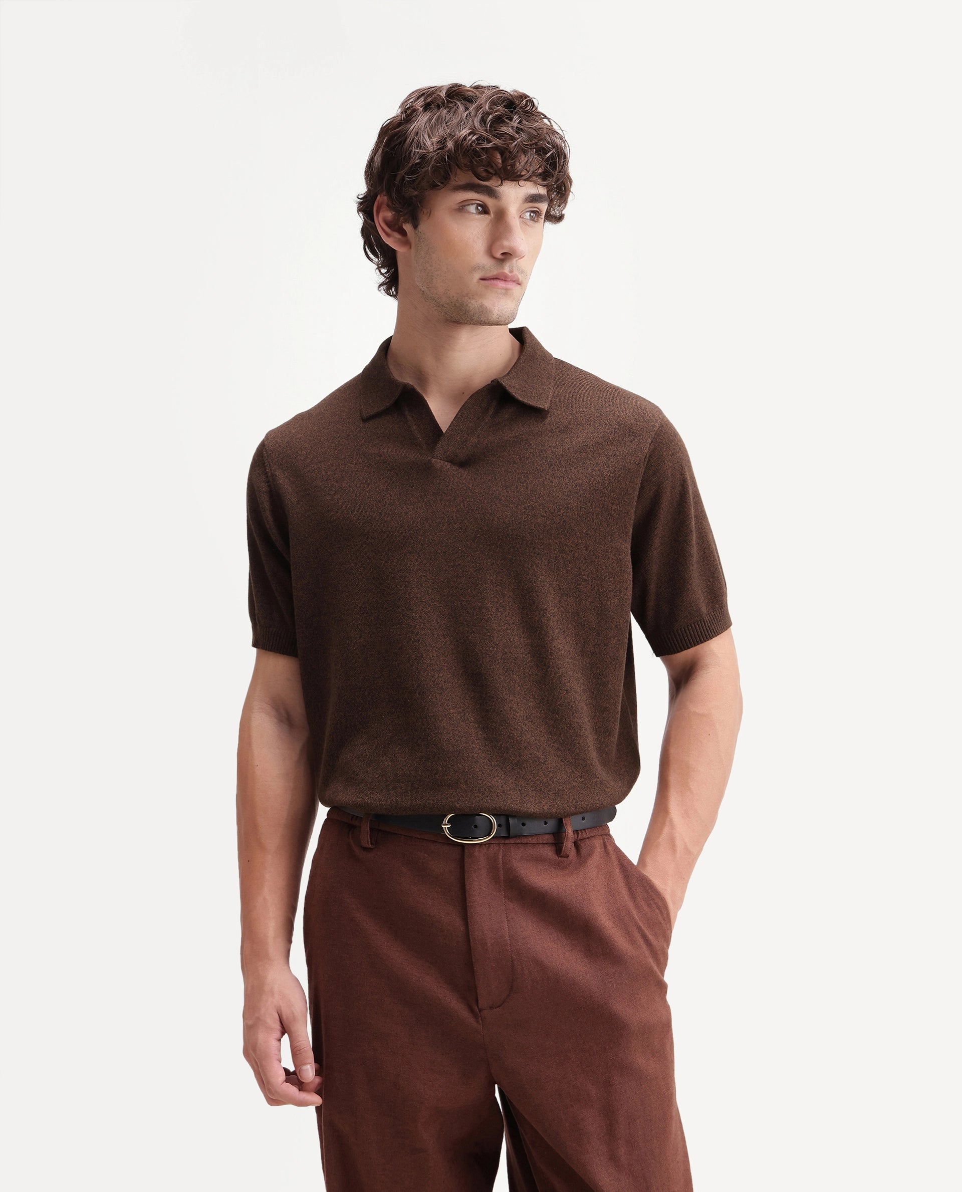 Rare Rabbit Men's Aldro Brown Cotton Blend Johnny Collar Regular Plain Polo