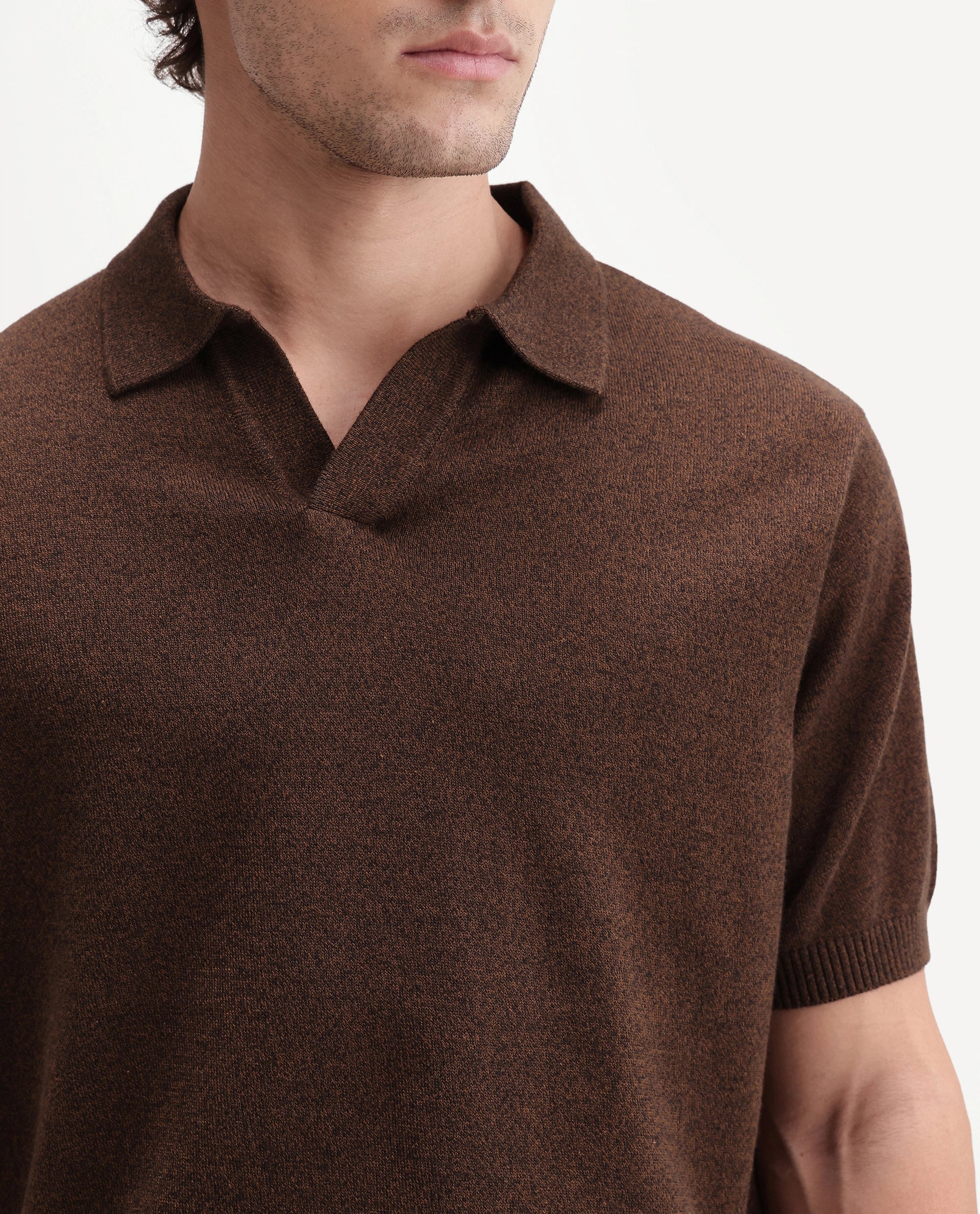 Rare Rabbit Men's Aldro Brown Cotton Blend Johnny Collar Regular Plain Polo