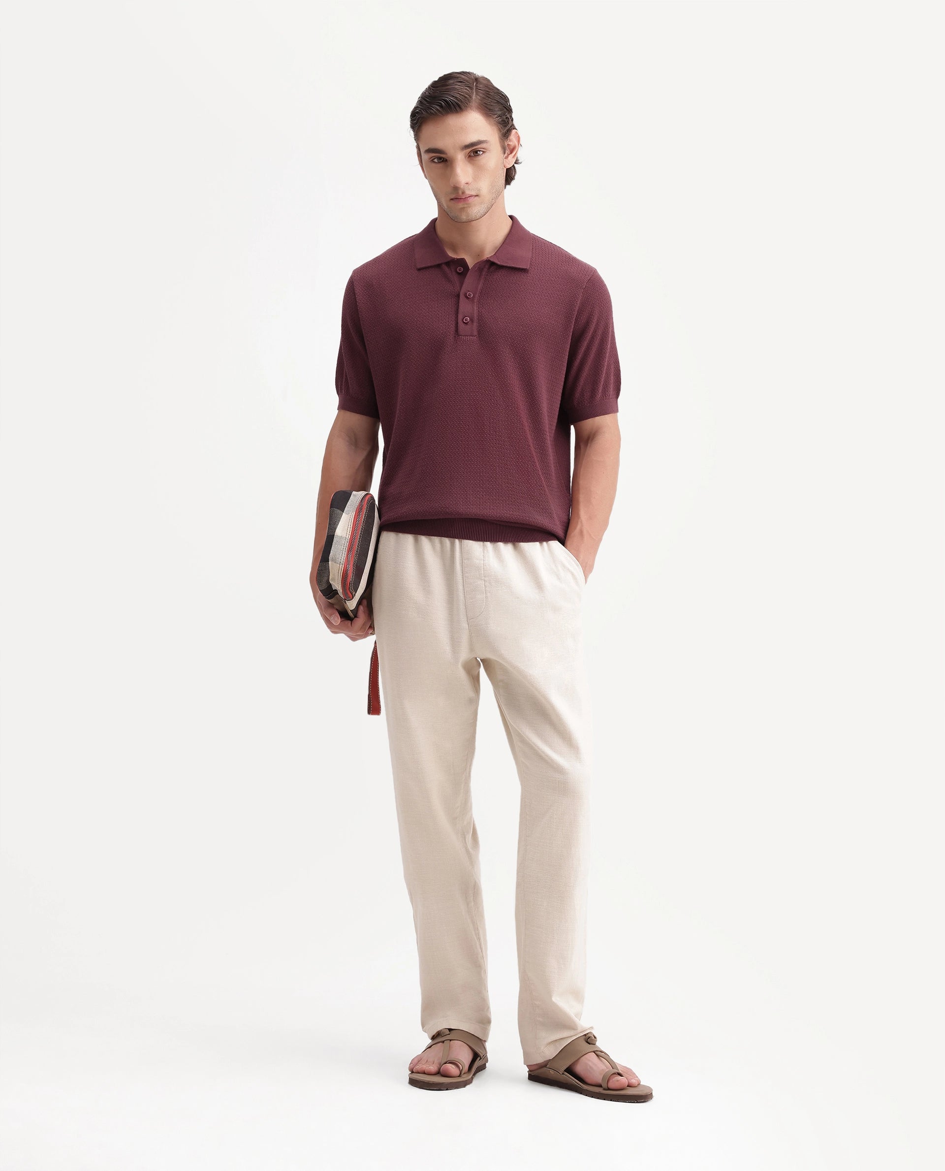 Rare Rabbit Men's Tine Maroon Cotton Spread Collar Regular Textured Polo