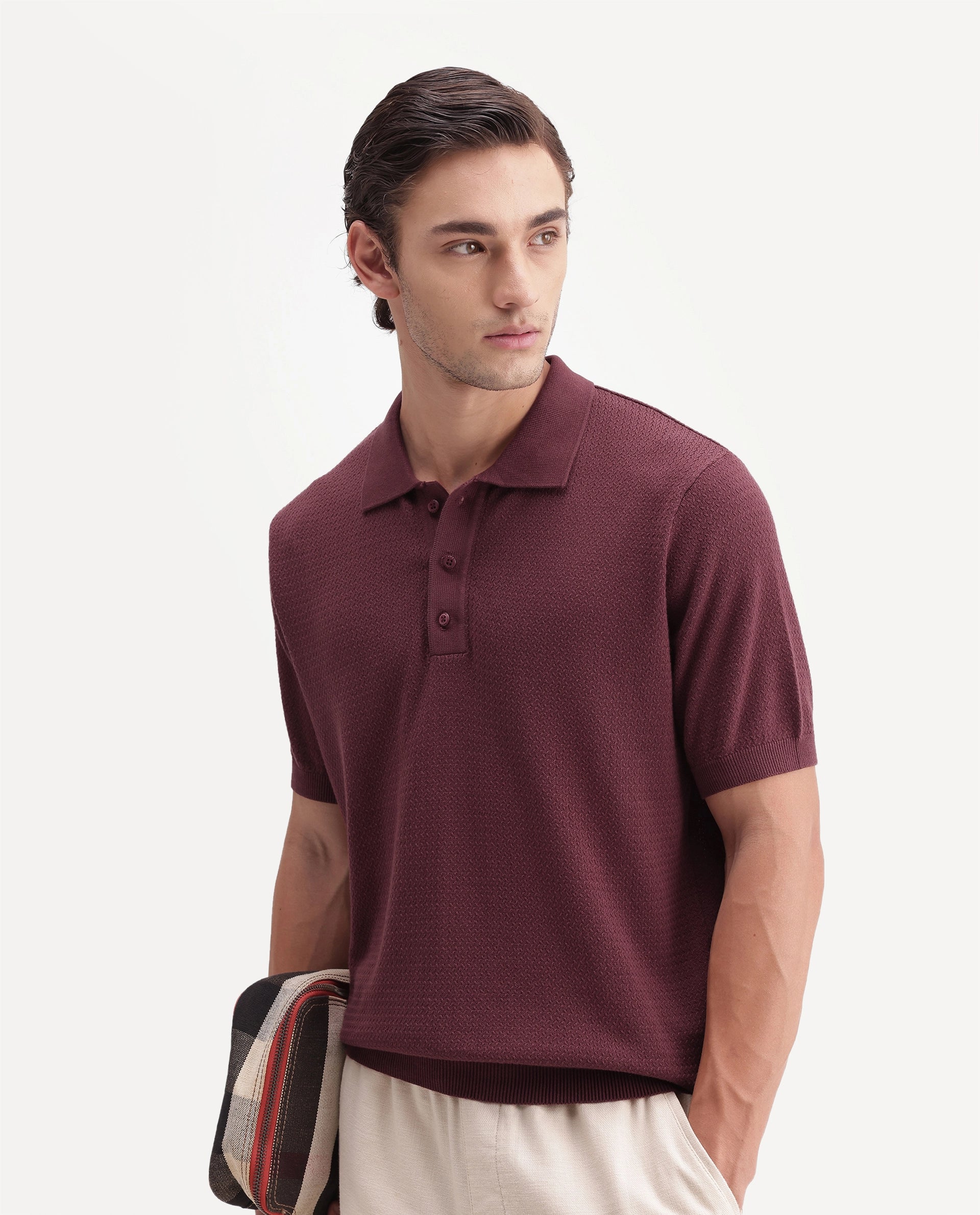 Rare Rabbit Men's Tine Maroon Cotton Spread Collar Regular Textured Polo