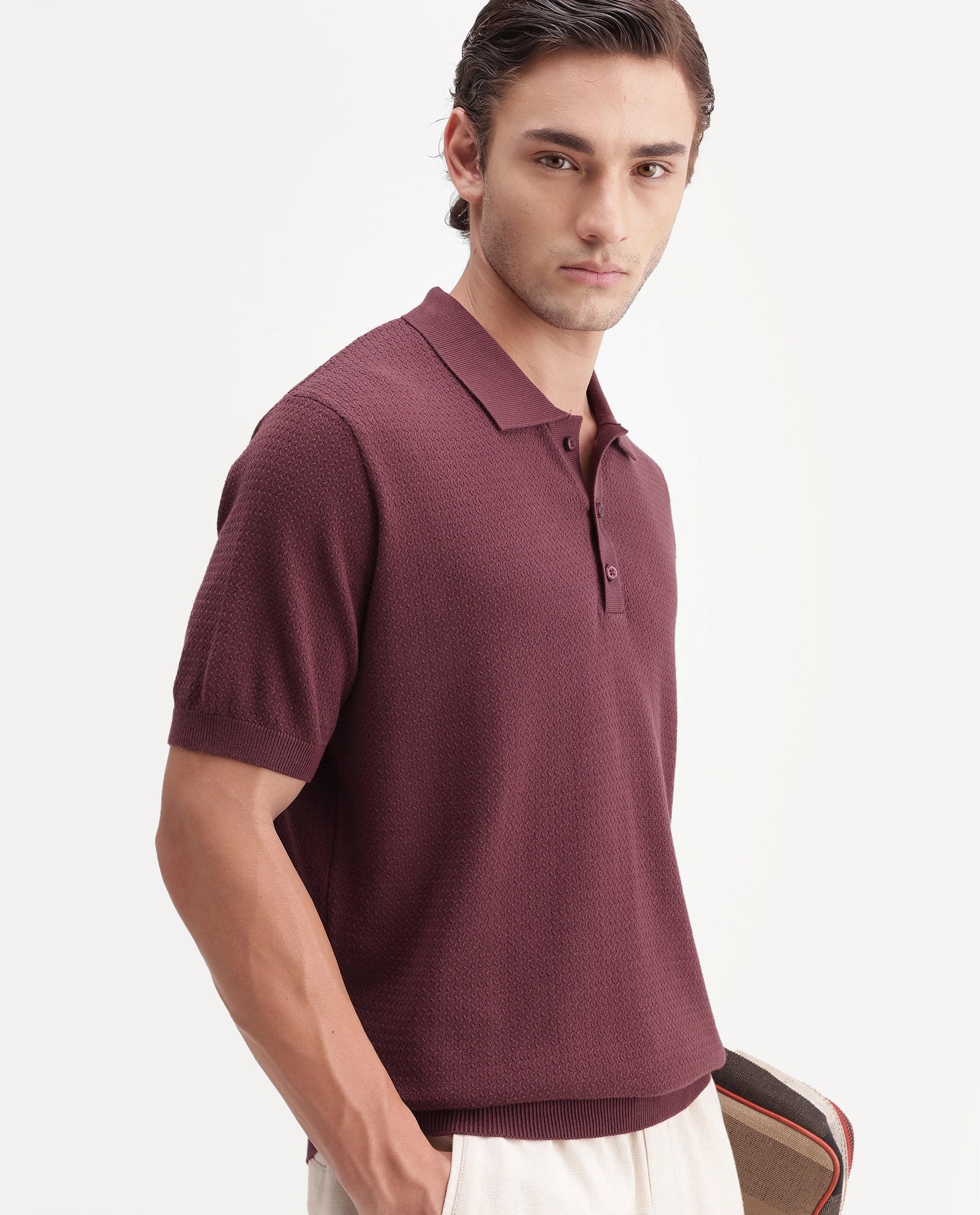 Rare Rabbit Men's Tine Maroon Cotton Spread Collar Regular Textured Polo