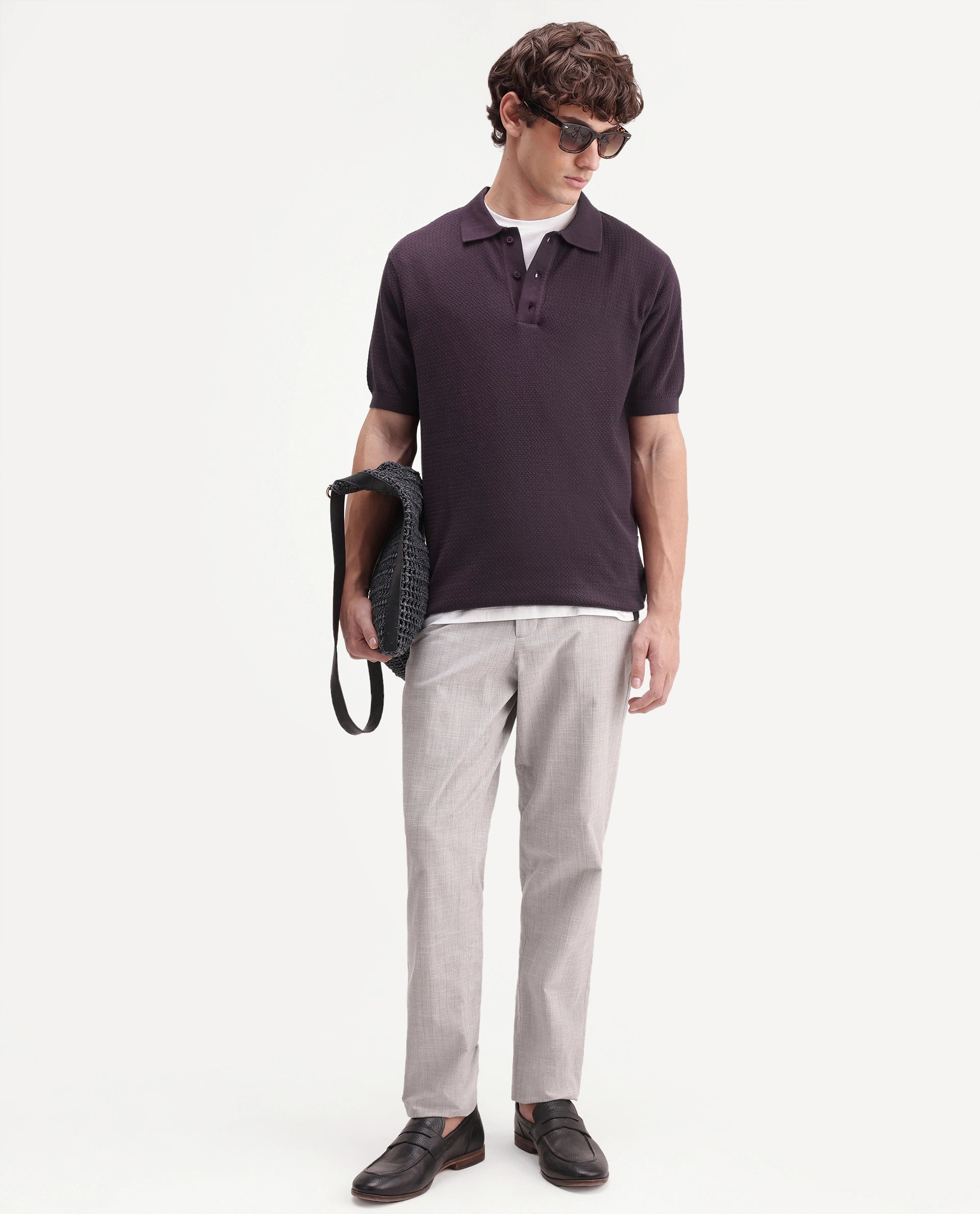 Rare Rabbit Men's Tine Dark Purple Cotton Regular Short Sleeves Polo Textured Shirt
