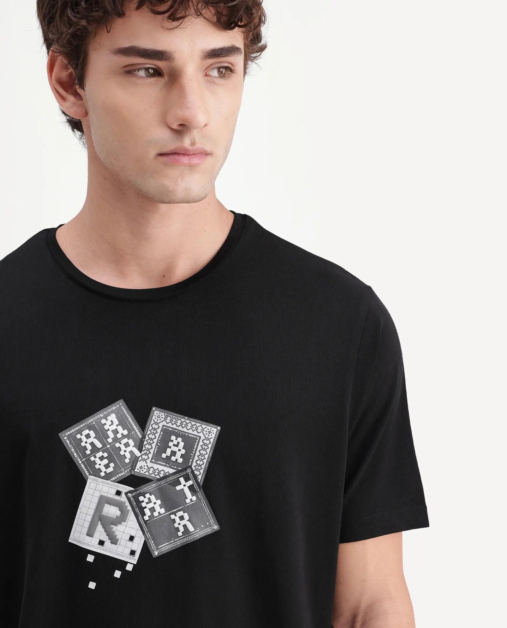 Rare Rabbit Men's Zeko Black Cotton Blend Crew Neck Regular Graphic Print T-Shirt