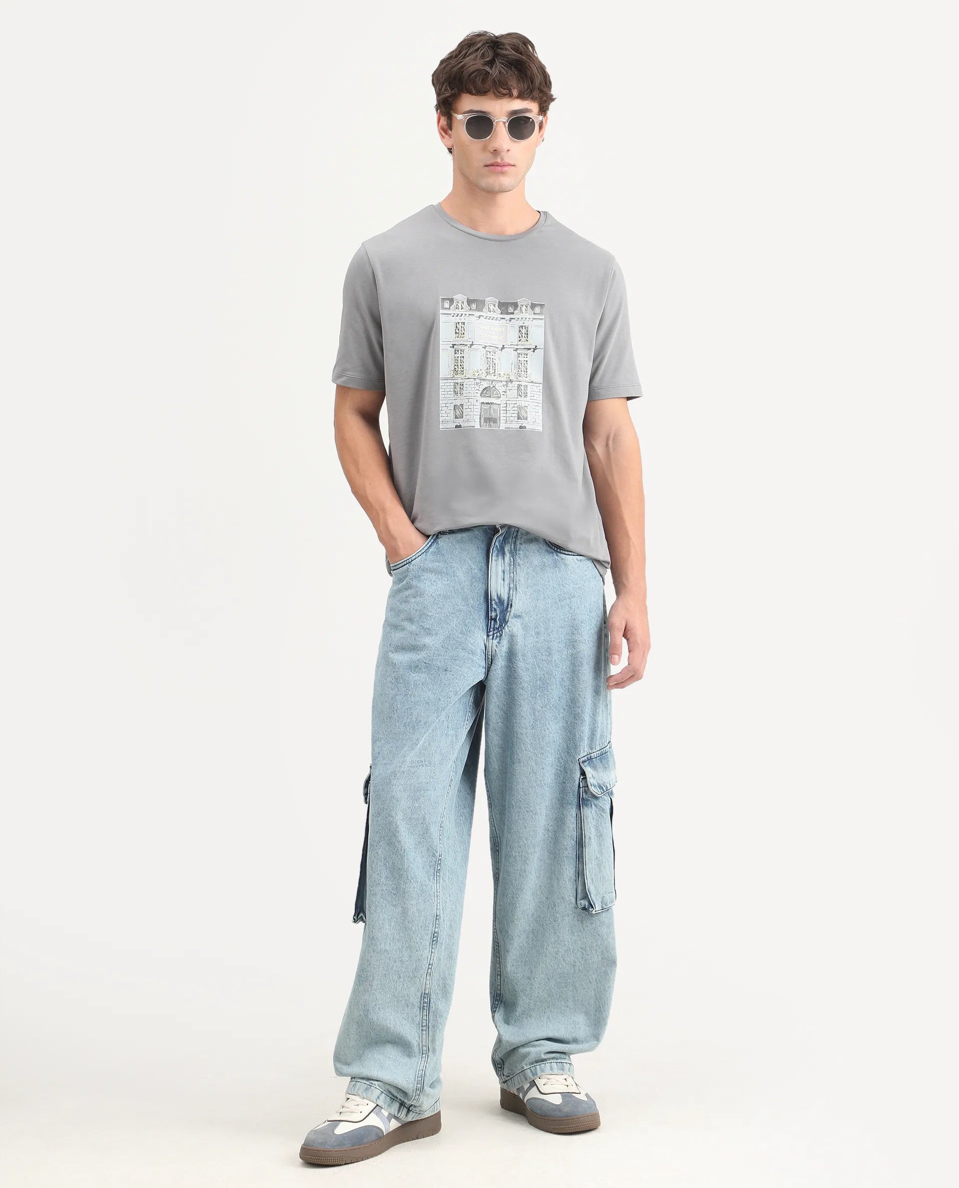 Rare Rabbit Men's Buda Grey Cotton Blend Crew Neck Regular Graphic Print T-Shirt