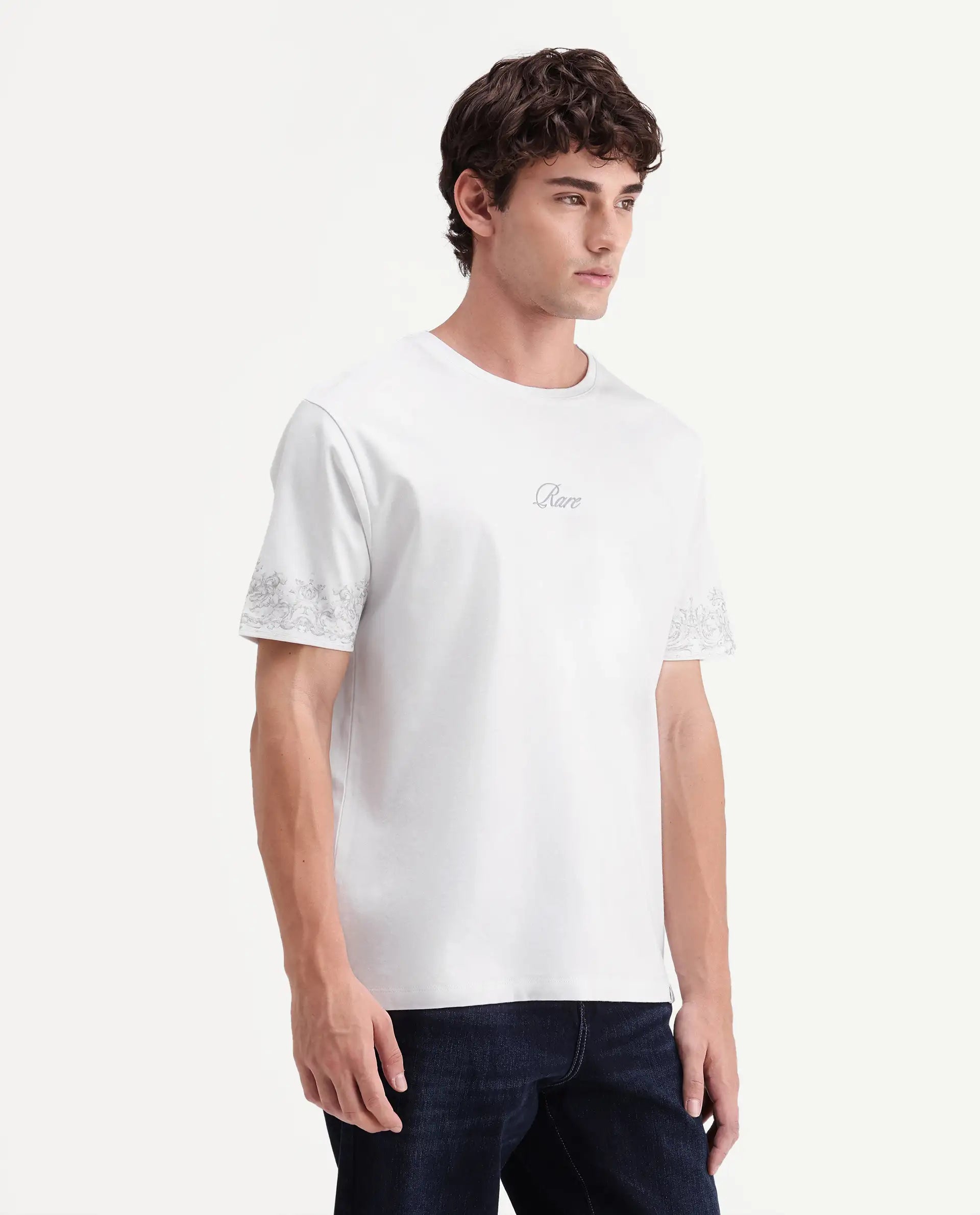 Rare Rabbit Men's True White Cotton Crew Neck Regular Fit Graphic Print T-Shirt