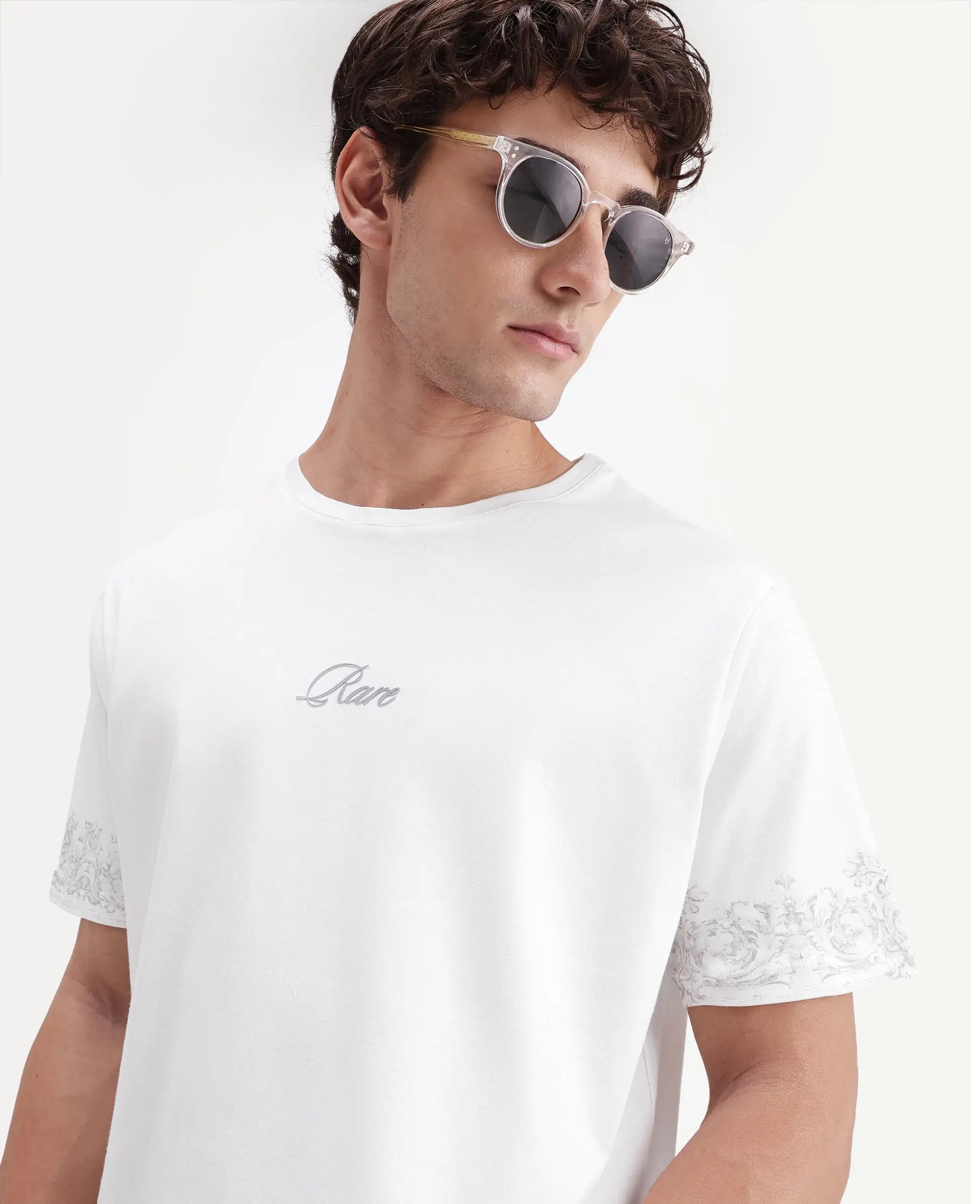 Rare Rabbit Men's True White Cotton Crew Neck Regular Fit Graphic Print T-Shirt