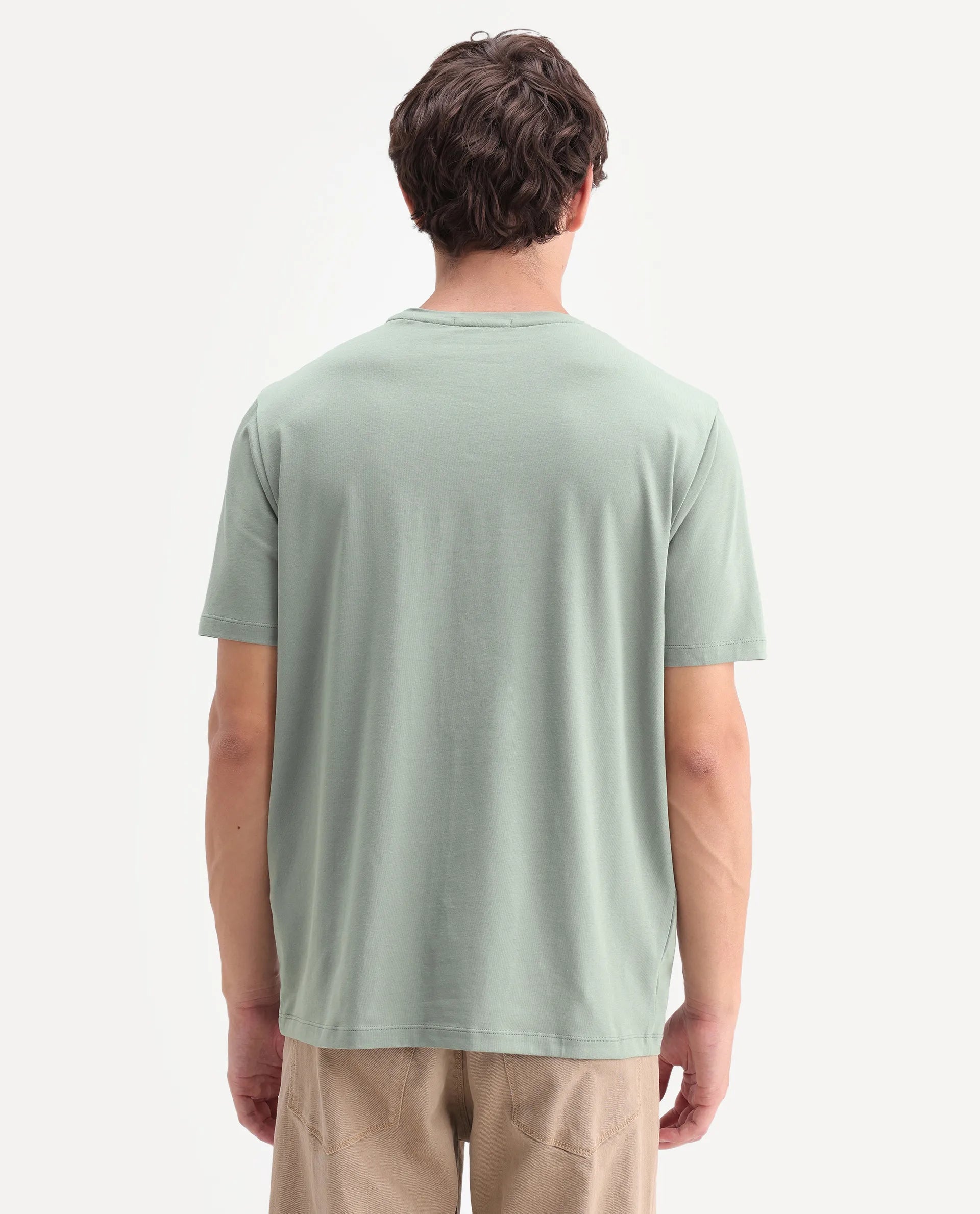 Rare Rabbit Men's Jeh Dusky Green Cotton Blend Crew Neck Regular Graphic Print T-Shirt